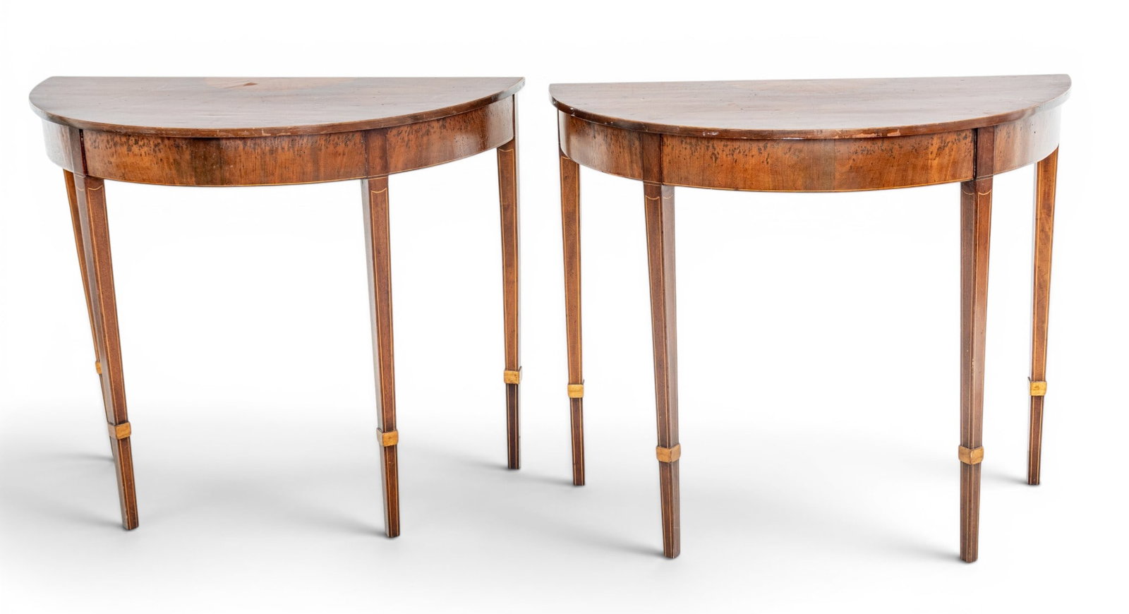 English George III Mahogany Inlaid Demilune Tables, Ca. Late 18th C., H 34" W 40.25" Depth 20" (1 of 6)