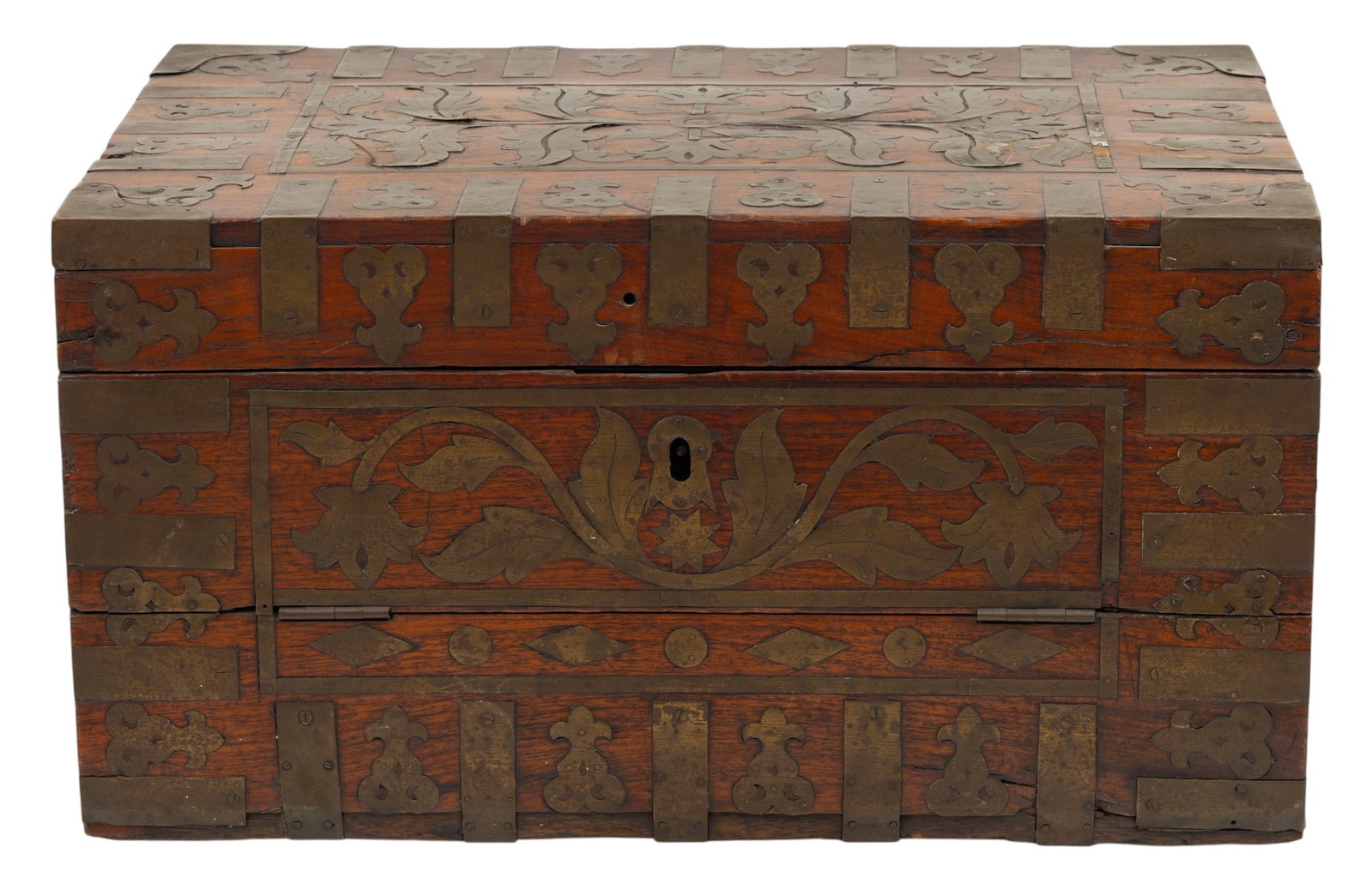 Anglo-Colonial Brass Bound Oak Correspondence Box, Ca. 1800, H 11.25" W 21.5" Depth 13.75" (1 of 6)