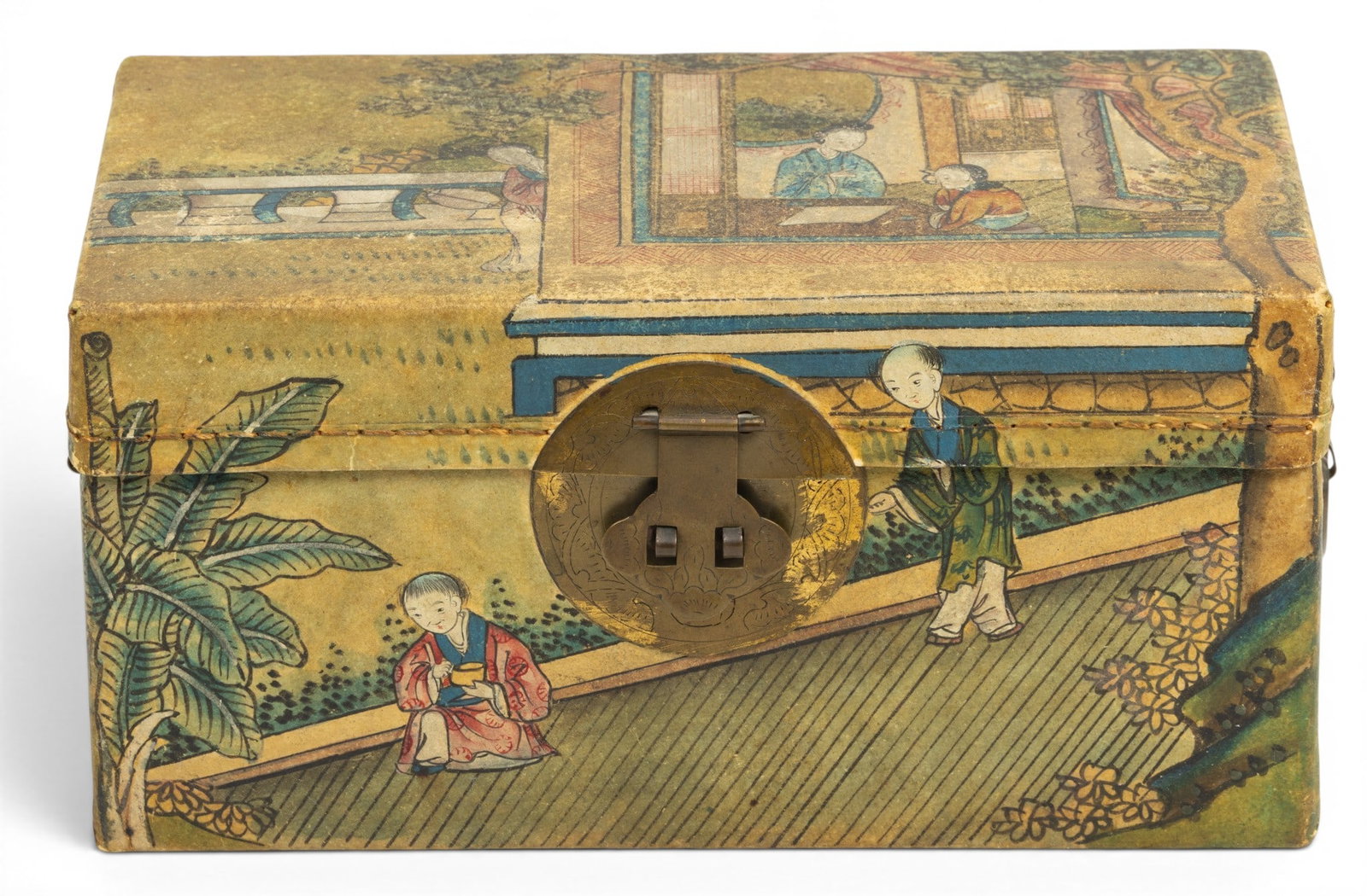 Chinese Pigskin Hand Painted Document Box, Ca. 1900, H 6" L 12" Depth 7" (1 of 6)