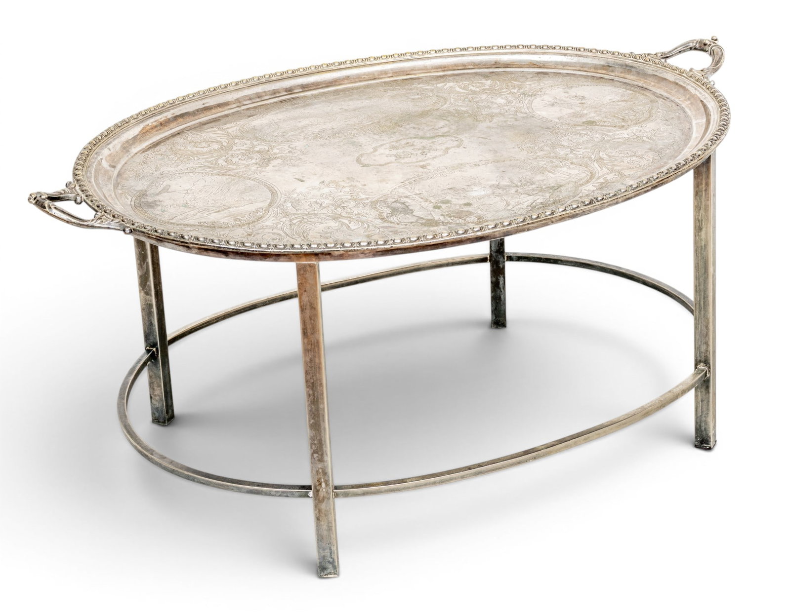 English Hand Chased Silver Plate Butler's Tray on Chrome Base, Ca. 1880-1910, H 19.75" W 42.5" Depth (1 of 8)