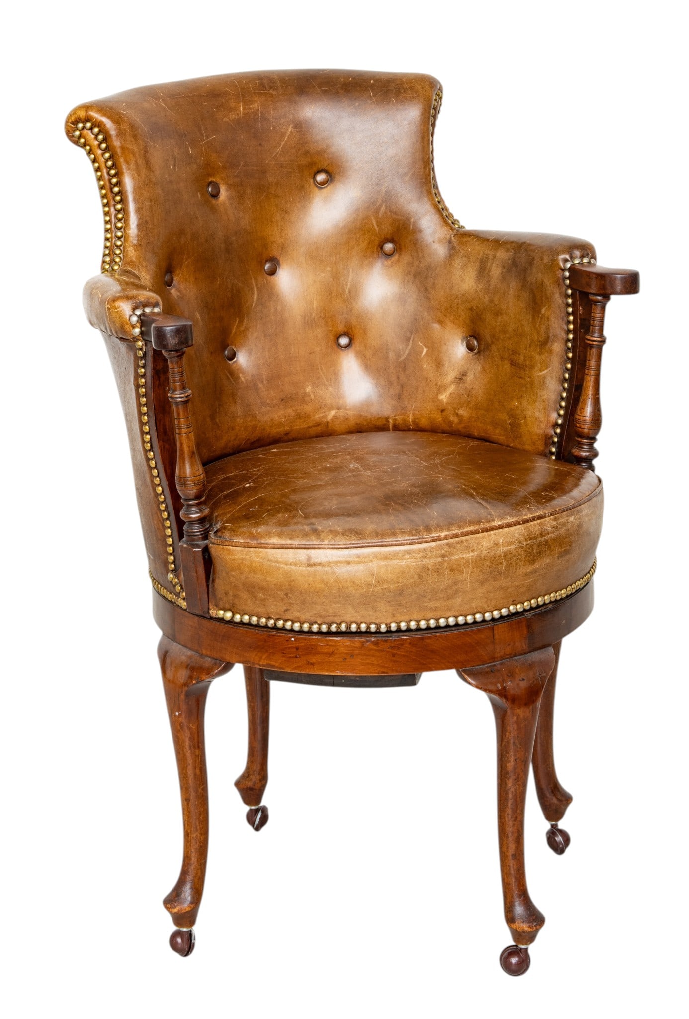 Victorian Walnut and Brown Leather Upholstered Captain's Swivel Chair 1860-1880, H 37.75" W 23.75": Victorian Walnut and Brown Leather Upholstered Captain's Swivel Chair 1860-1880, H 37.75" W 23.75" Depth 18" With tan upholstered back, arms, and seat, on a rotating platform ending on four cabriole l
