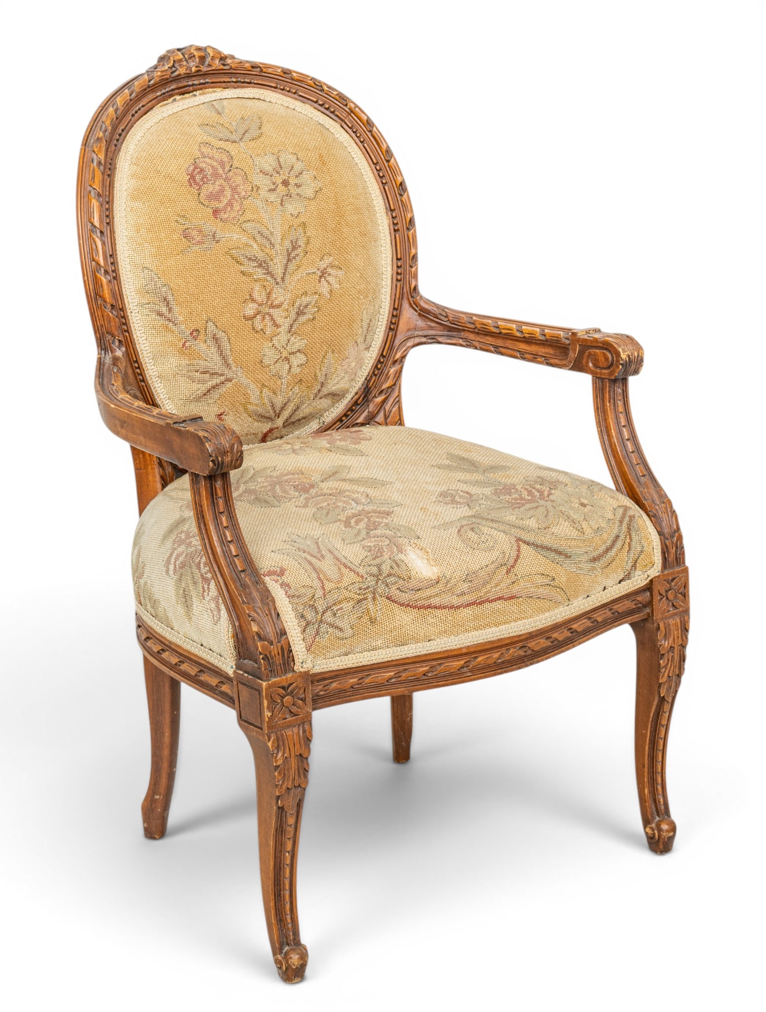French Louis XVI Style Carved Walnut Child's Open Arm Chair 19th.c., H 27" W 16" Depth 18" (1 of 5)