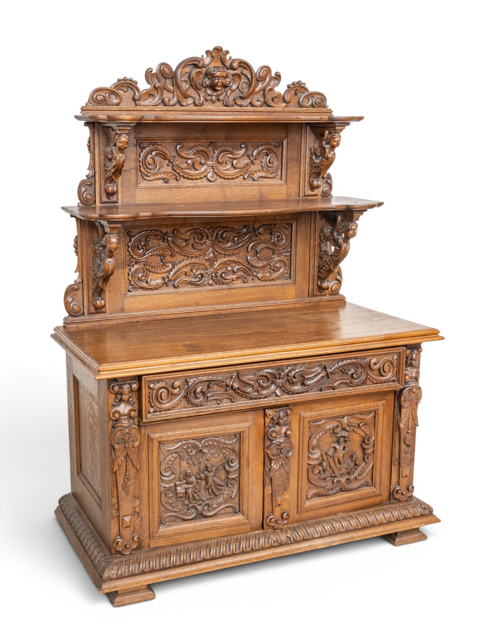 English Hand Carved Oak Sideboard 1880-1890, H 74" W 52" Depth 25" (1 of 13)