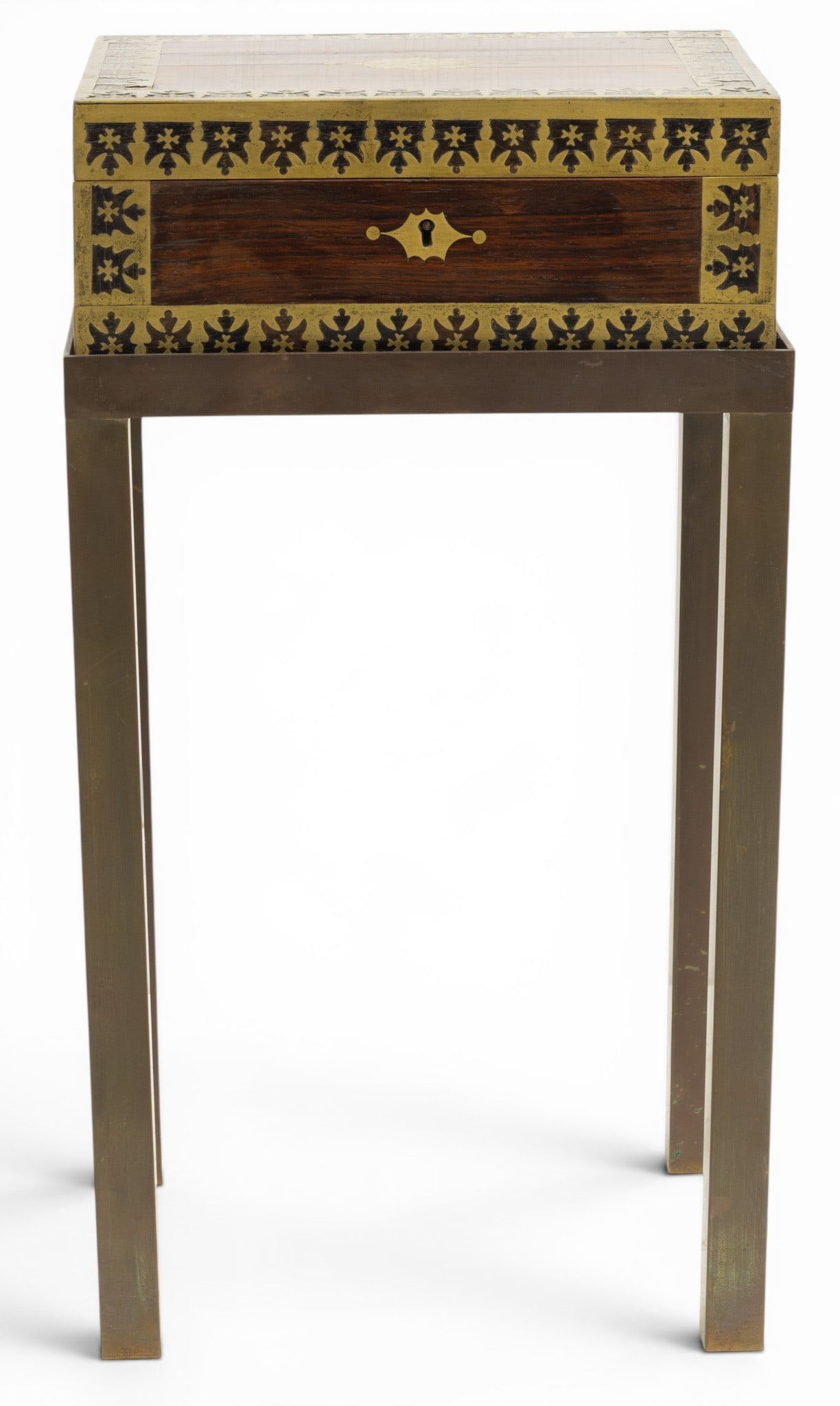 English Regency Rosewood Brass Inlay Document Box, Hinged Lid Circa 1830, Later Metal Stand H 4.5" W (1 of 6)