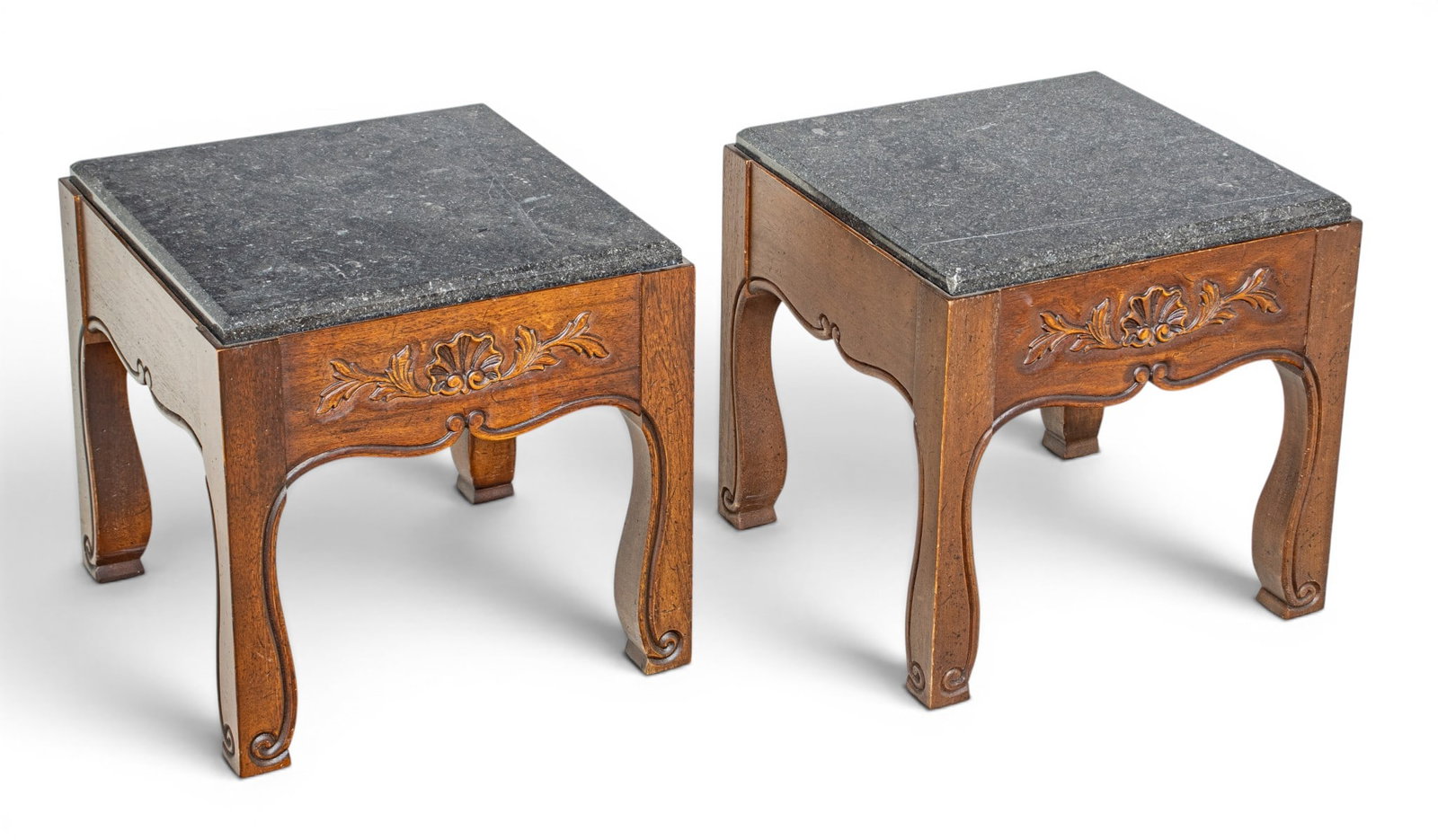 Chinese Pair of Style Square Low Tables Fitted with Marble Tops H 17" W 17" 1 PAIR (1 of 4)