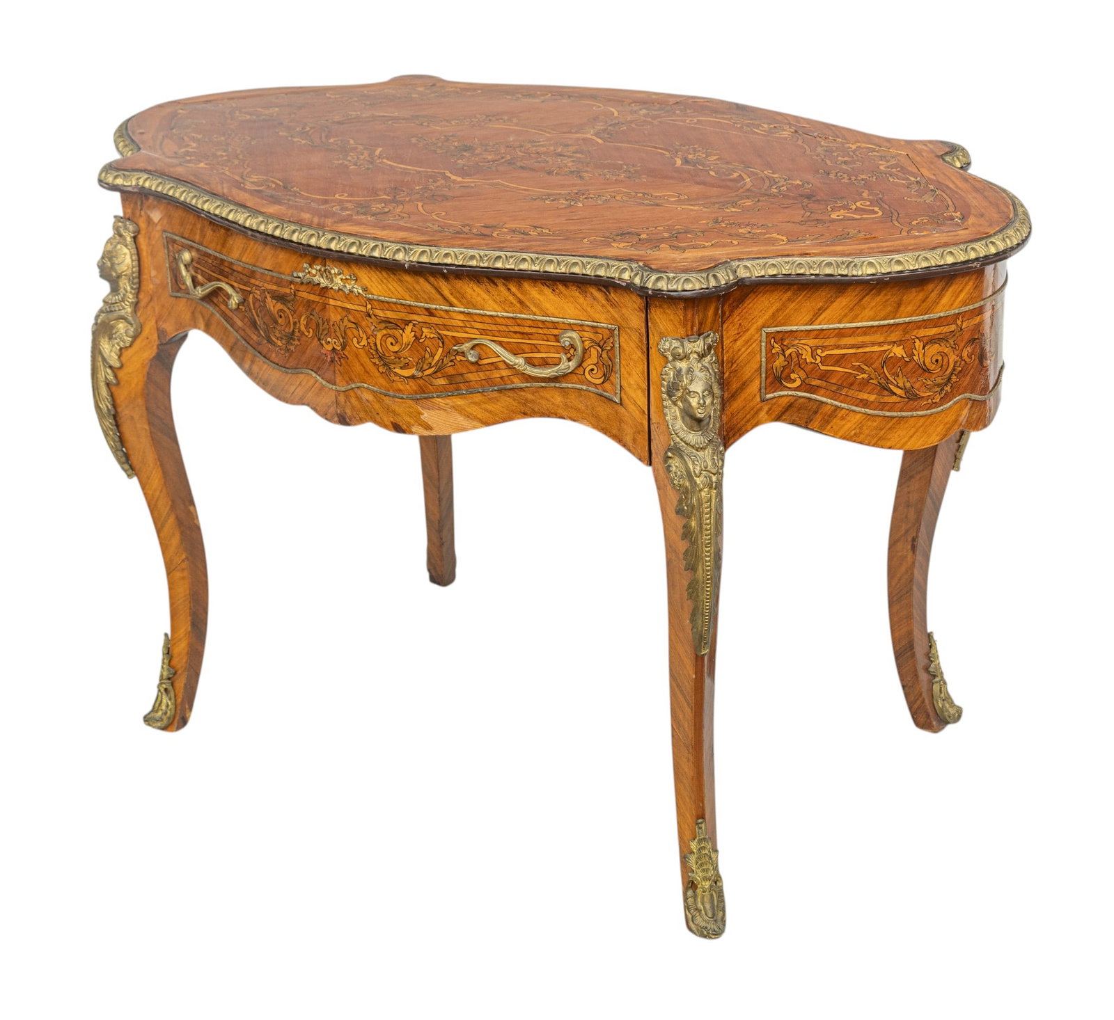 French Louis XV Style Kingwood, D'Ore Bronze, and Fruitwood Inlay Lady's Turtle Top Writing Desk (1 of 14)