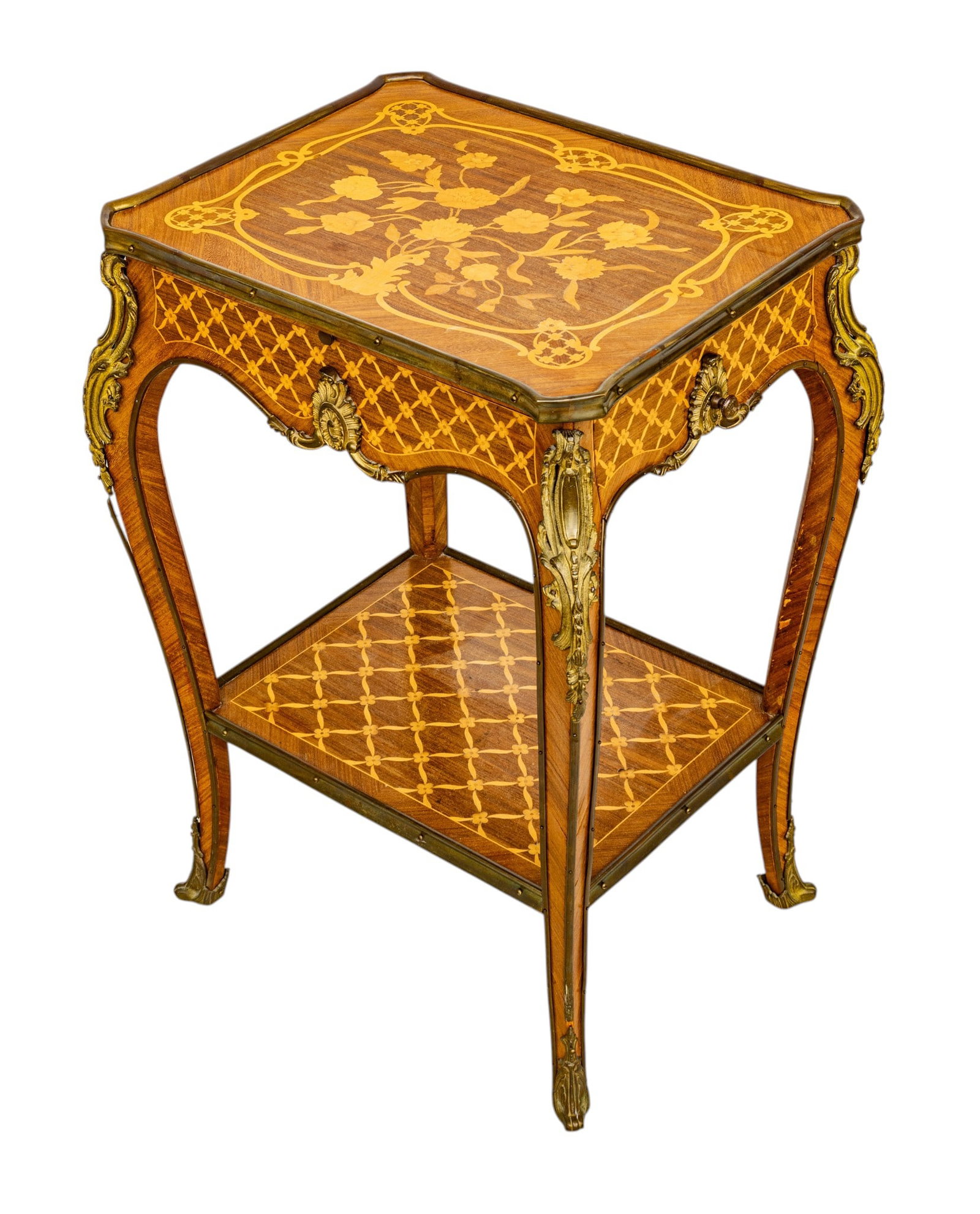 Louis XV Style Marquetry Inlaid End Table 20th Cent., H 28" W 19" L 15" (1 of 10)