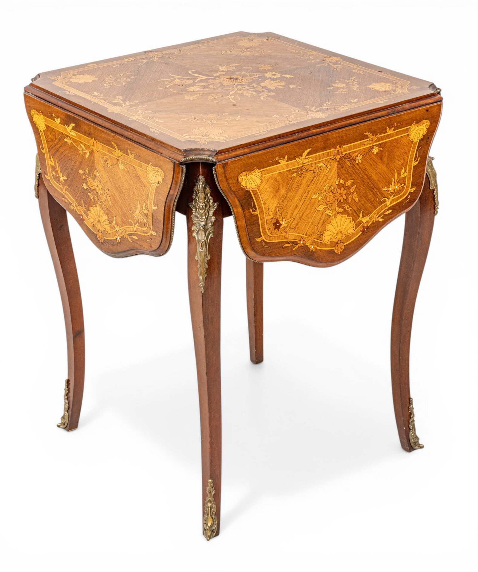 French Louis XV Style Mahogany and Fruitwood Inlay Drop Leaf Table H 29" W 24" Depth 24" 1 PC (1 of 7)