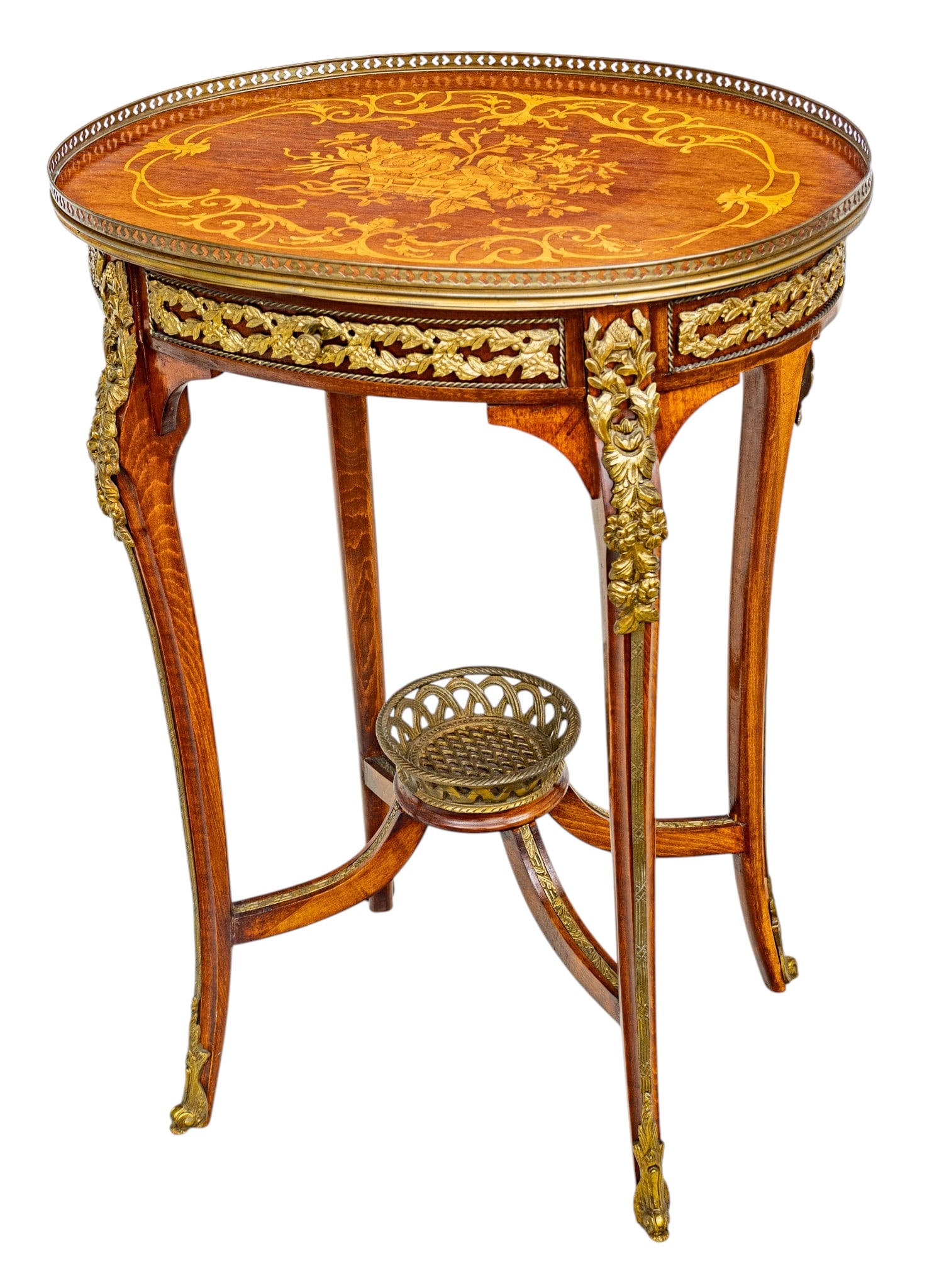 Continental Louis XV Style Fruitwood Marquetry Inlaid Guéridon, Ca. 20th Cent., H 35" L 25.5" (1 of 8)