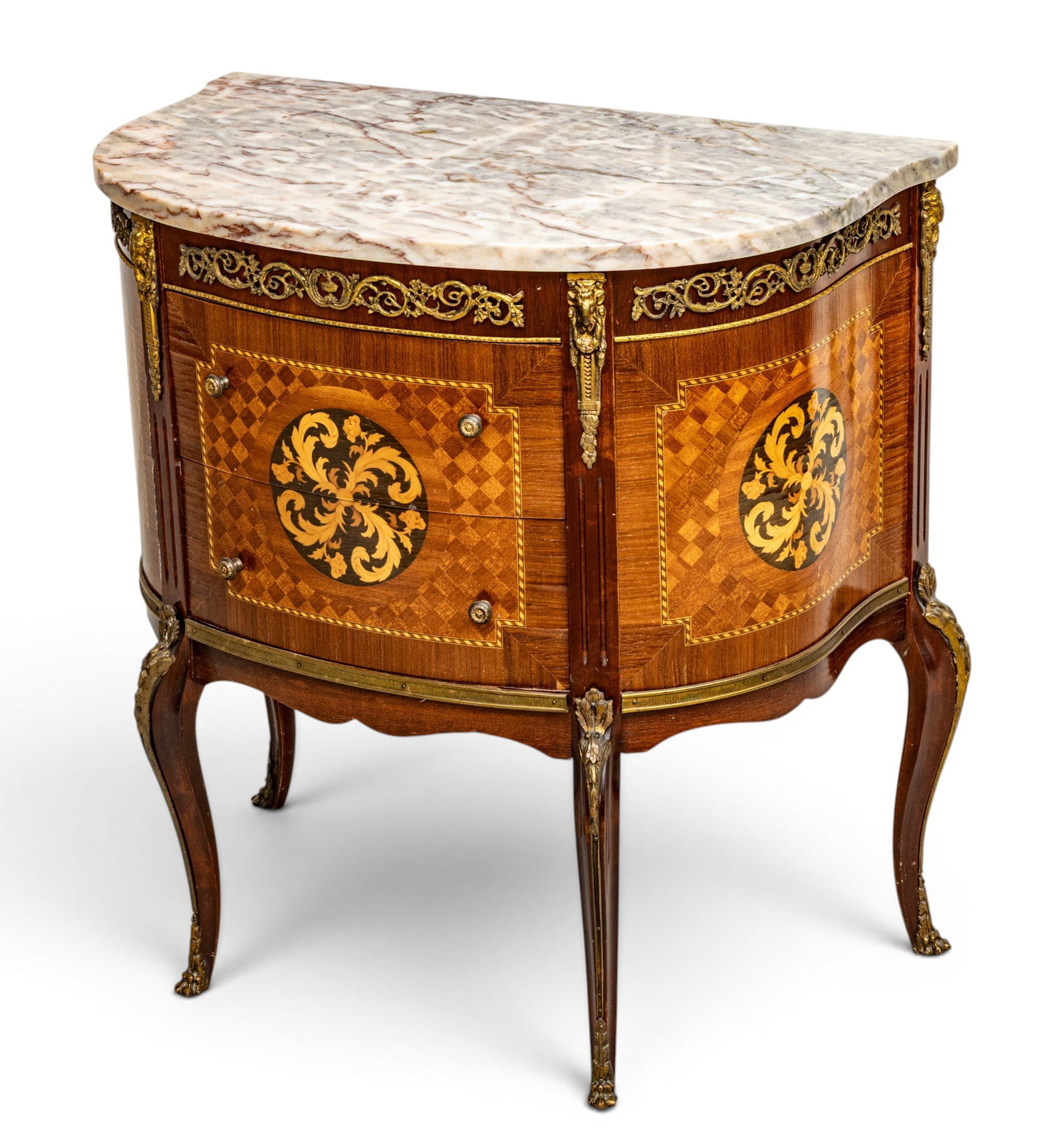 French Louis XV Style Inlaid Mahogany Marble Top Demilune Console Table, H 29" W 27.5" Depth 16.25" (1 of 9)