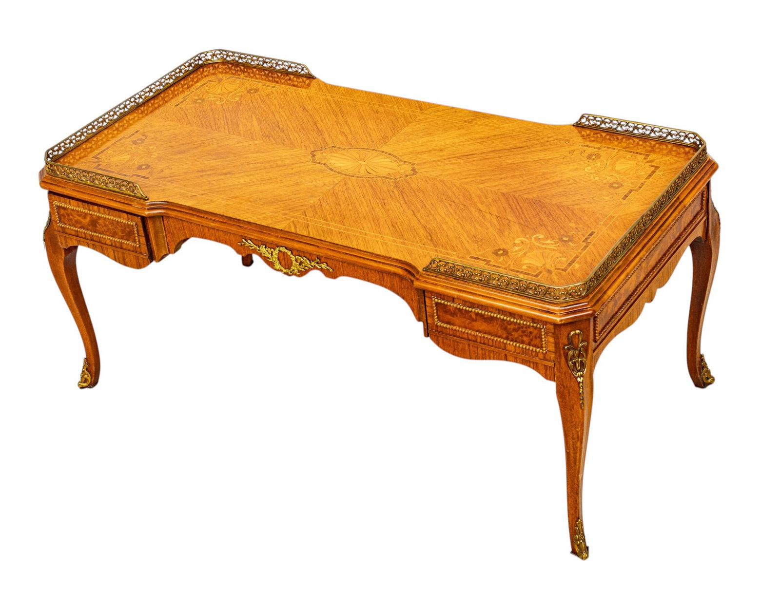 Louis XV Style Marquetry Inlaid Walnut Table 20th Cent., H 16" L 37" Depth 17" (1 of 11)