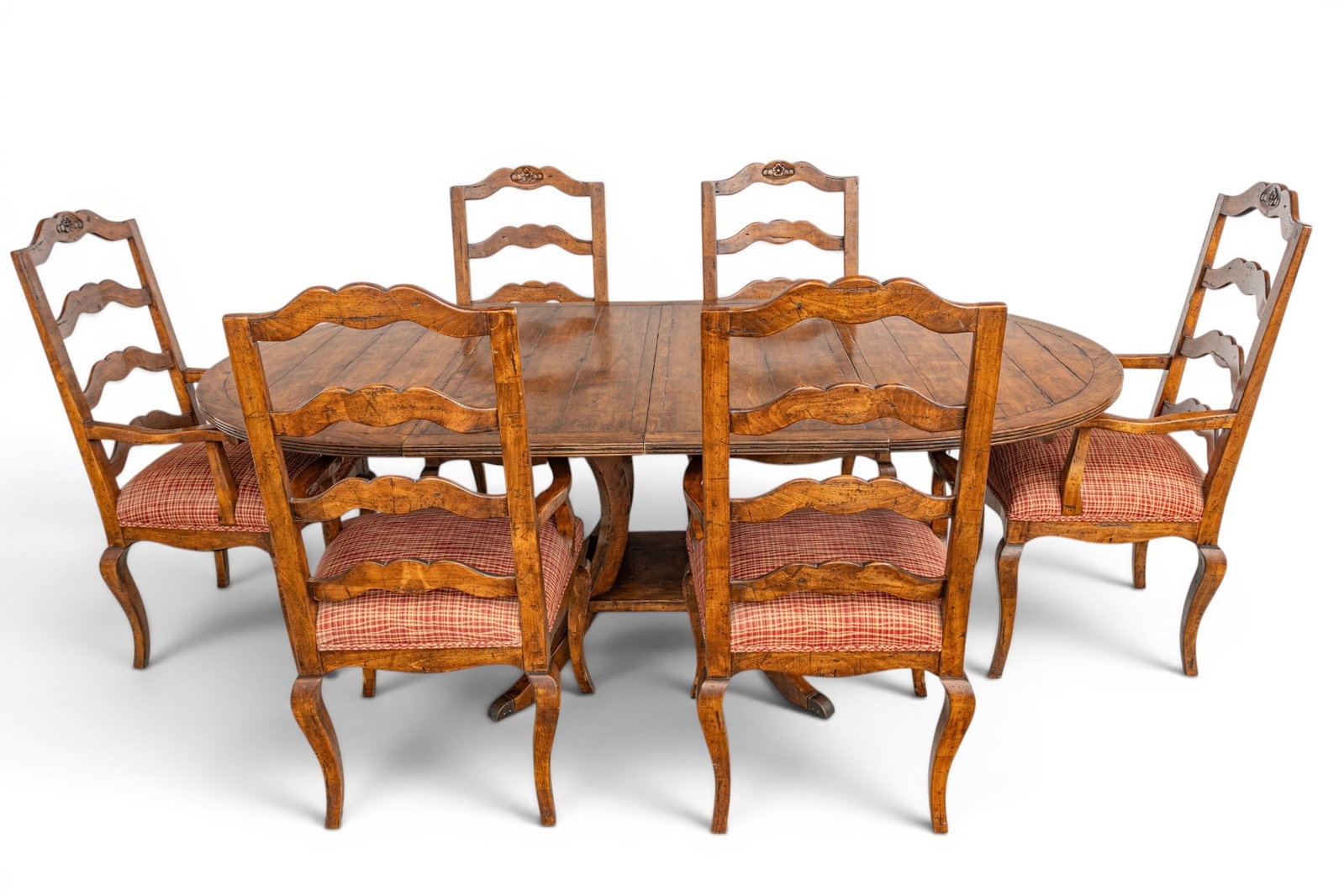 Louis XV Country French Style Walnut Round to Oval Dining Table with Six Ladder Back Chairs 20th C.,: Louis XV Country French Style Walnut Round to Oval Dining Table with Six Ladder Back Chairs 20th C., W 48" Dia. 48" 9 PCS Table with two 18" leaves having Sabre legs with brass capped feet. Chai