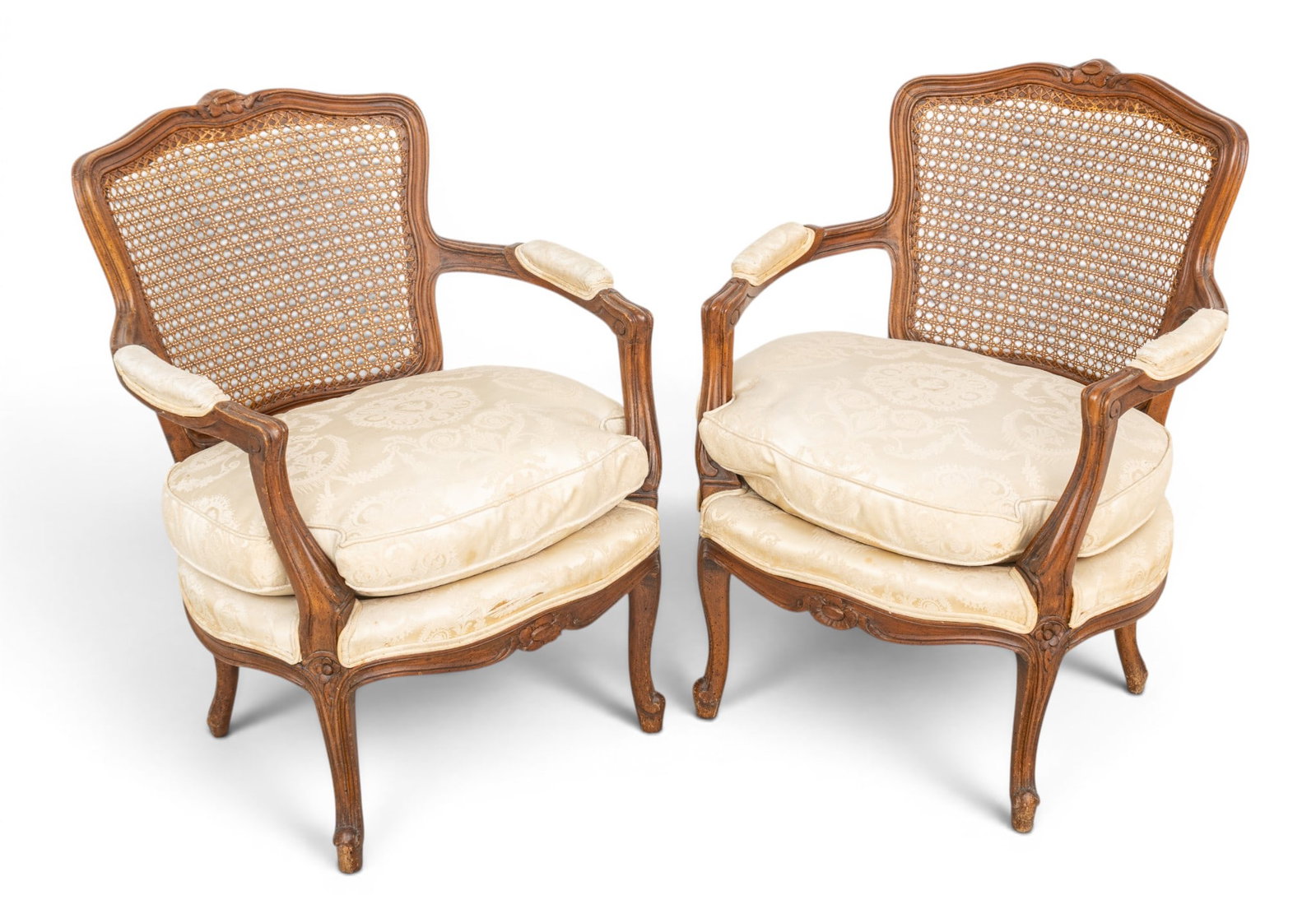 French Louis XV Style Walnut Bergères 1940-1950, H 30" W 21" Depth 22" 1 PAIR (1 of 7)