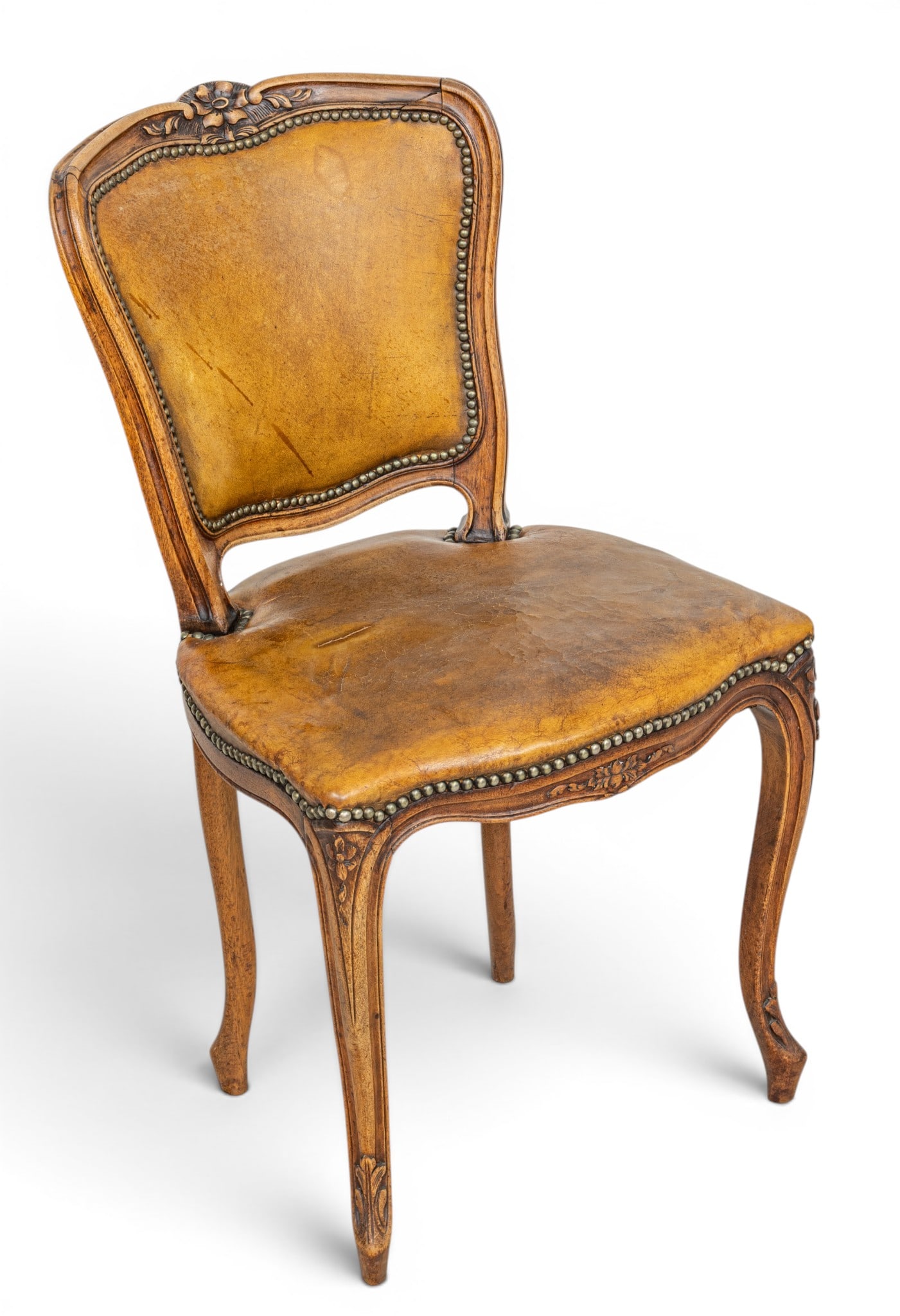 Louis XV Style Walnut Side Chair, Leather Upholstery C. 1900, H 33" W 19" Depth 21" (1 of 9)