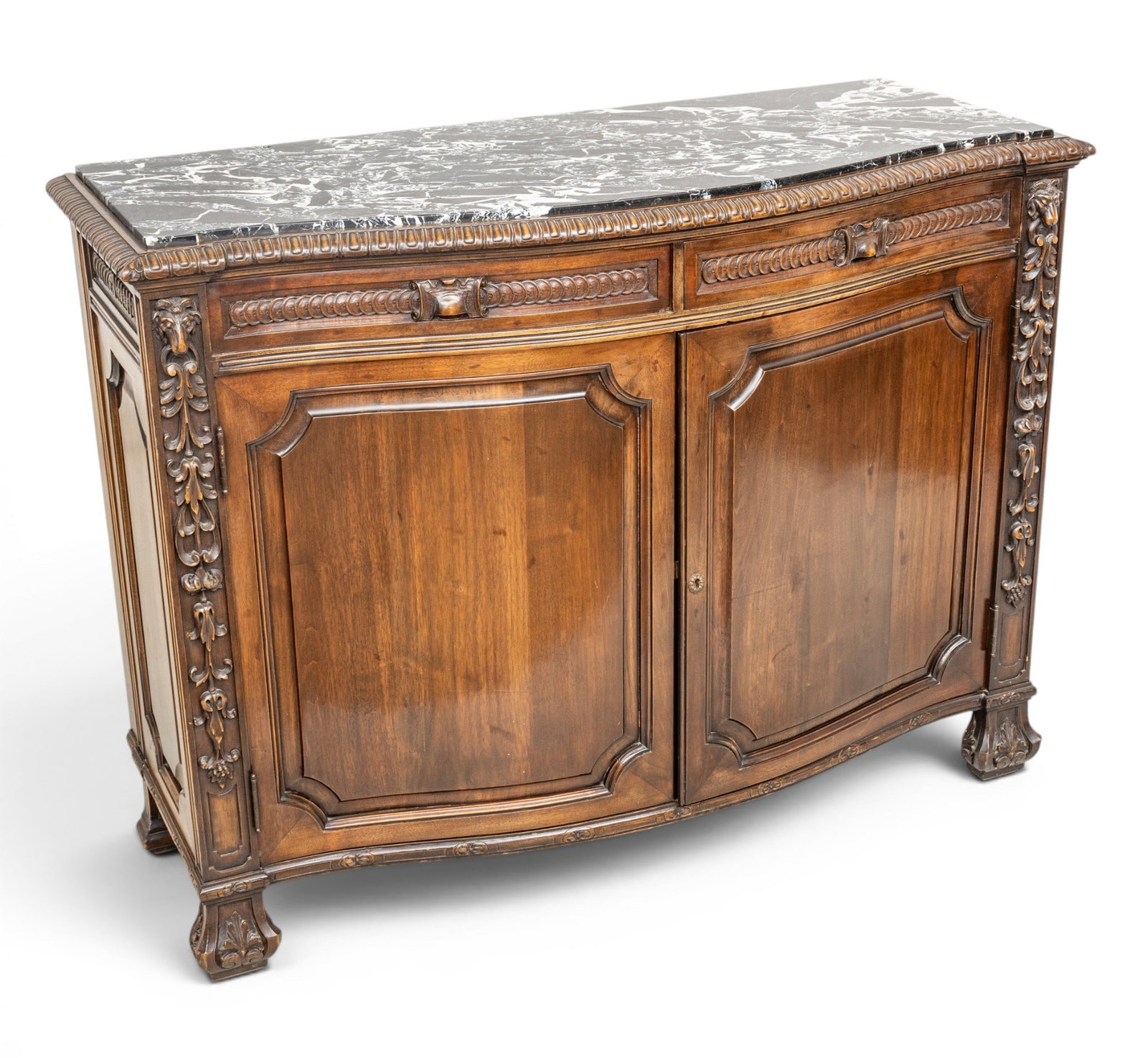 Louis XV Baroque Style Walnut and Marble Top Buffet, Ca. 1920, H 36" W 48" Depth 20" (1 of 10)