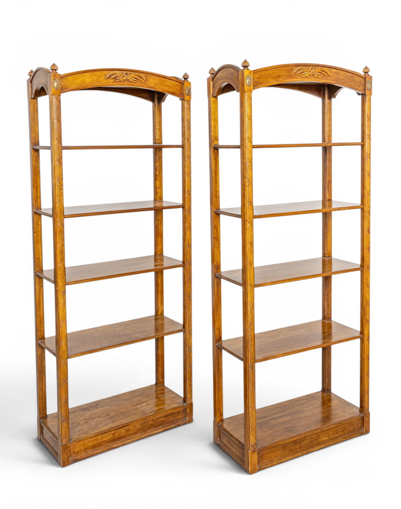 Pair of Walnut Etageres with 5 Shelves, Open Front, Tassel Finial H 76" W 30" 1 PAIR (1 of 6)