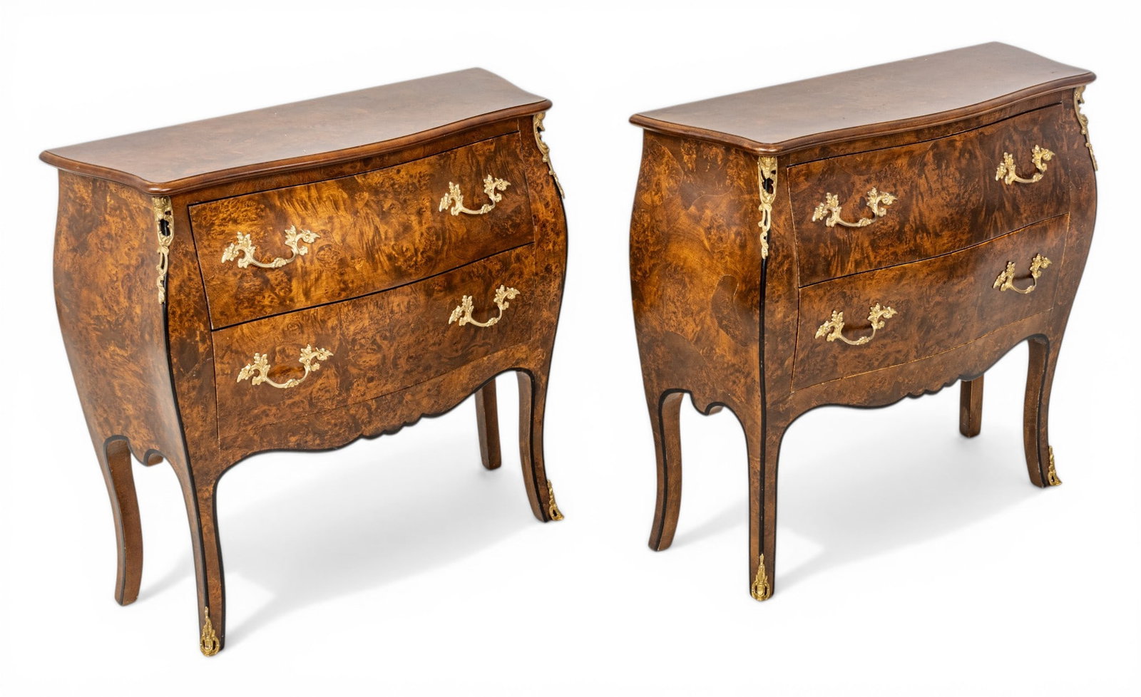 Louis XV Style Kingwood, Burl Walnut and Bronze Orlomu Bombe Commodes 20th C., H 32" W 32" Depth 12" (1 of 9)