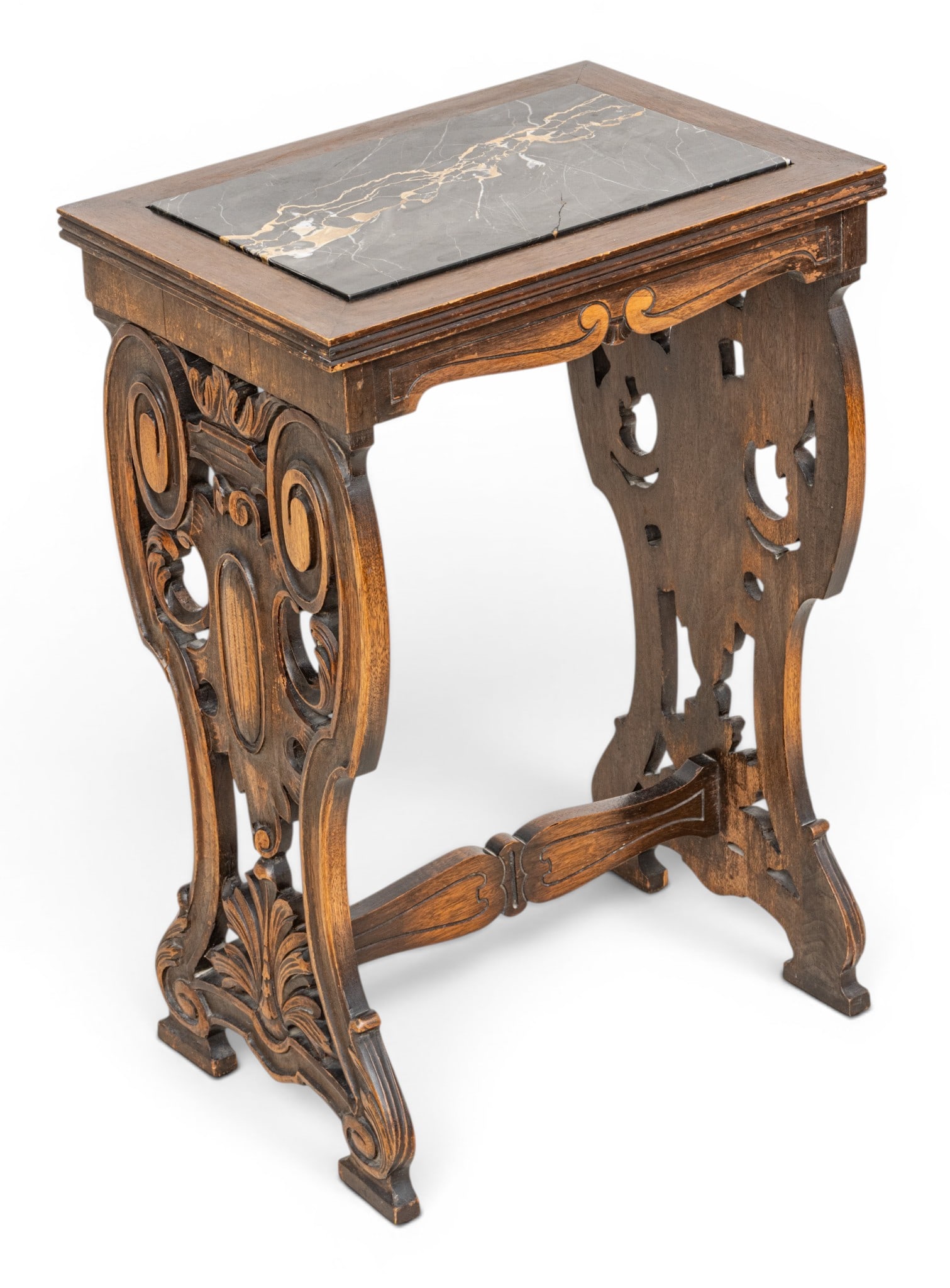 Belgian Walnut and Back Marble Trestle Base Accent Table 1930, H 26" W 18" Depth 13" 1 PC (1 of 6)