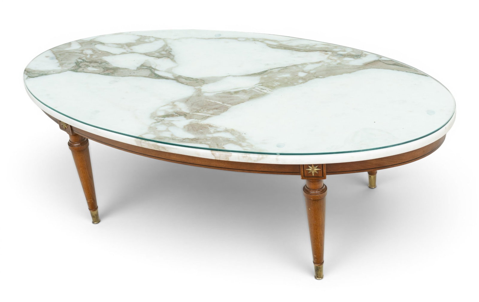 Louis XVI Style Walnut and Marble Coffee Table 1960, H 15" W 24" L 49": Louis XVI Style Walnut and Marble Coffee Table 1960, H 15" W 24" L 49" Walnut frame supports a custom cut white marble top with wide grey veins. Brass capped feet and capital accents. Plate glass top.