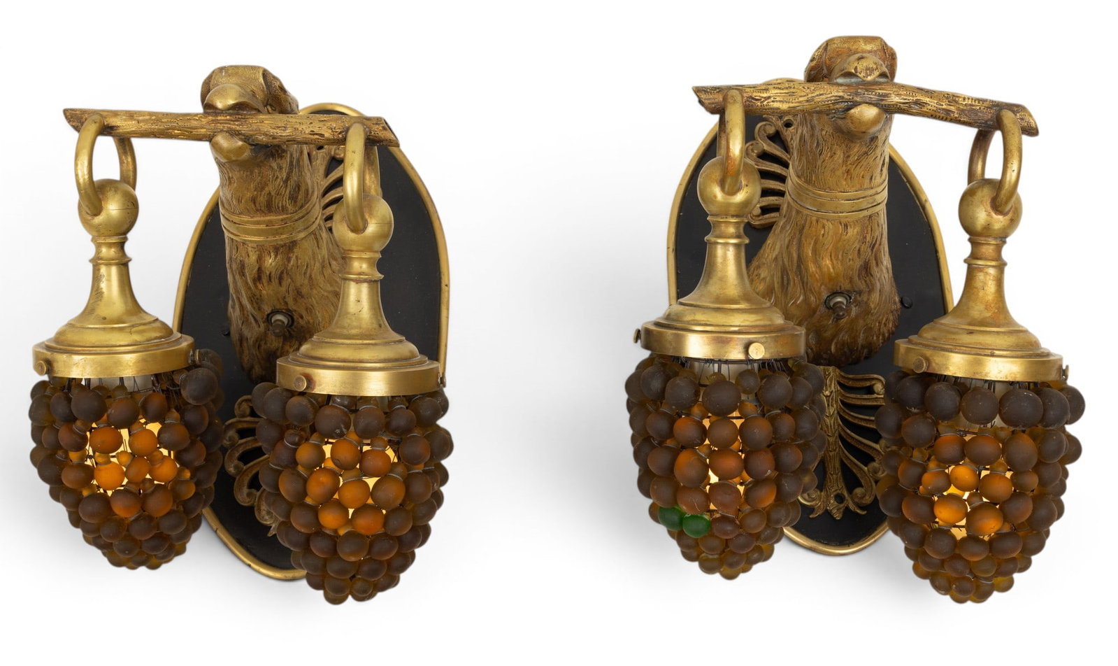 Italian Mid-Century Modern Brass and Murano Glass Wall Sconces 1950, H 13" W 9" Depth 9" 1 PAIR: Italian Mid-Century Modern Brass and Murano Glass Wall Sconces 1950, H 13" W 9" Depth 9" 1 PAIR Having brass swan figures seizing a stick in their mouths from which Murano glass shades shaped li
