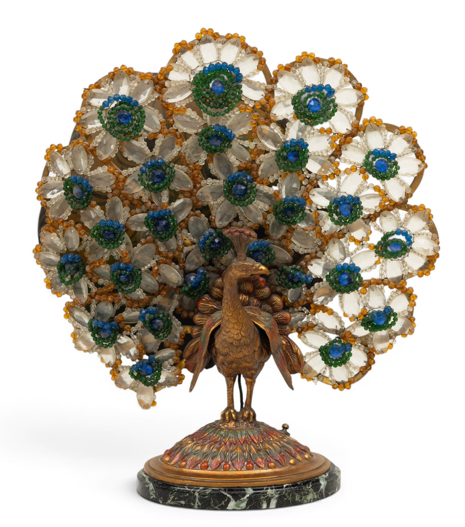 Czechoslovakia Art Deco Bronze and Crystal Peacock Lamp 1920-1930, H 18.5" W 17" Depth 8": Czechoslovakia Art Deco Bronze and Crystal Peacock Lamp 1920-1930, H 18.5" W 17" Depth 8" A fanciful peacock lamp with colorful beads and painted details. Provenance: Property from a Chicago, IL