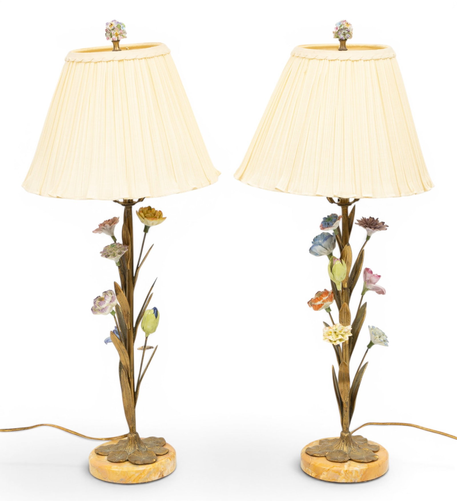 French Pair of Bronze and Dresden Flower Porcelain Lamps 1920, H 25" 1 PAIR (1 of 6)