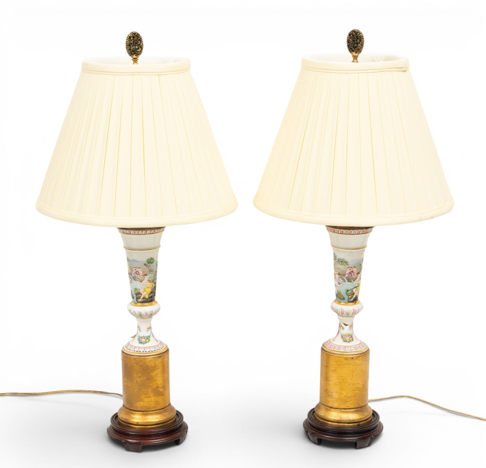 Capo De Monte Porcelain Urns Mounted As Table Lamps H 20" 1 PAIR: Capo De Monte Porcelain Urns Mounted As Table Lamps H 20" 1 PAIR Hand painted in detail. Raised on gilt wood plinths, overall H 26". Porcelain only is 8". Provenance: Property from the Collectio