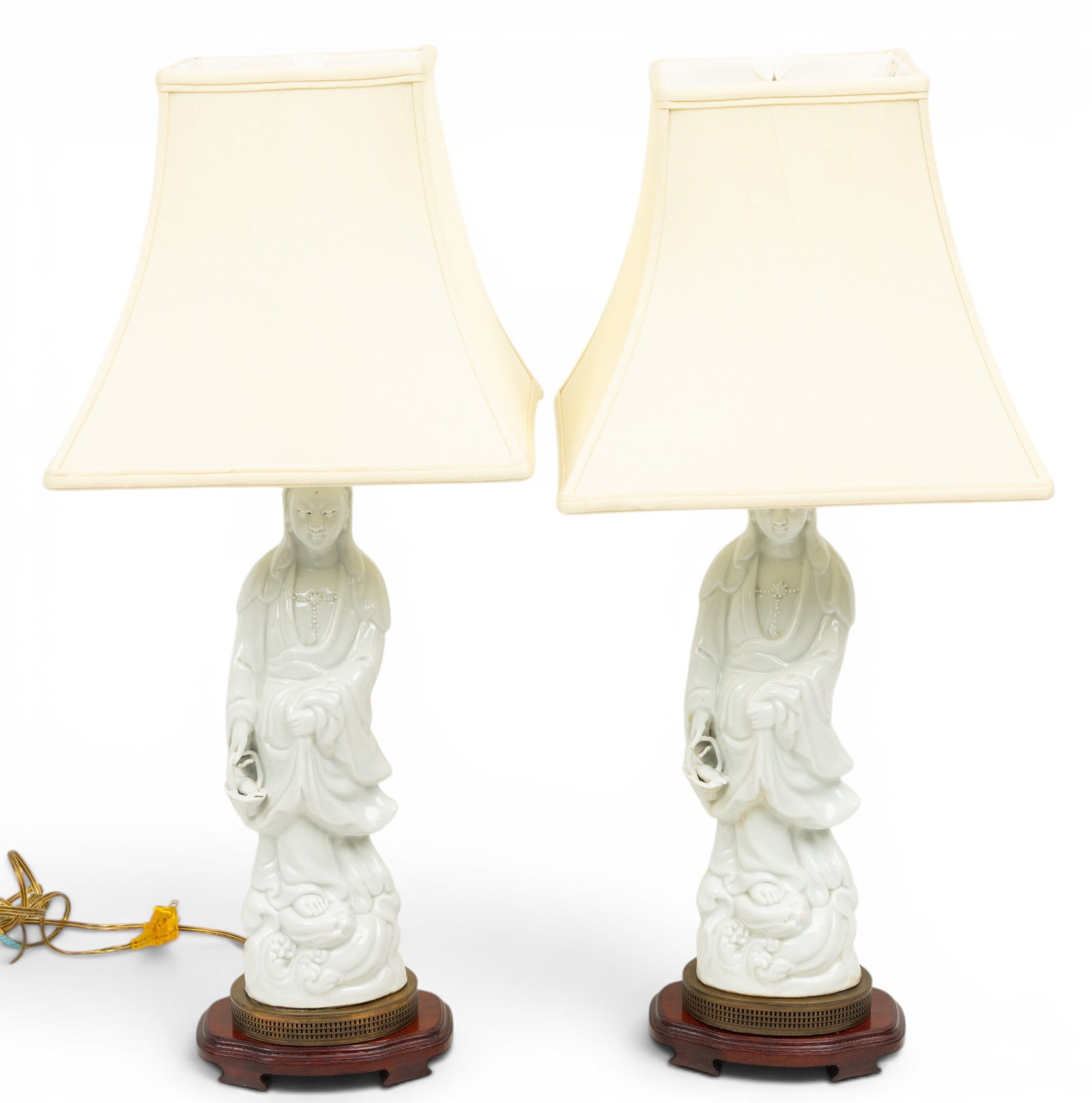 Chinese Pair of Porcelain Quan Yins, Mounted As Table Lamps Total H 29" 1 PAIR (1 of 4)