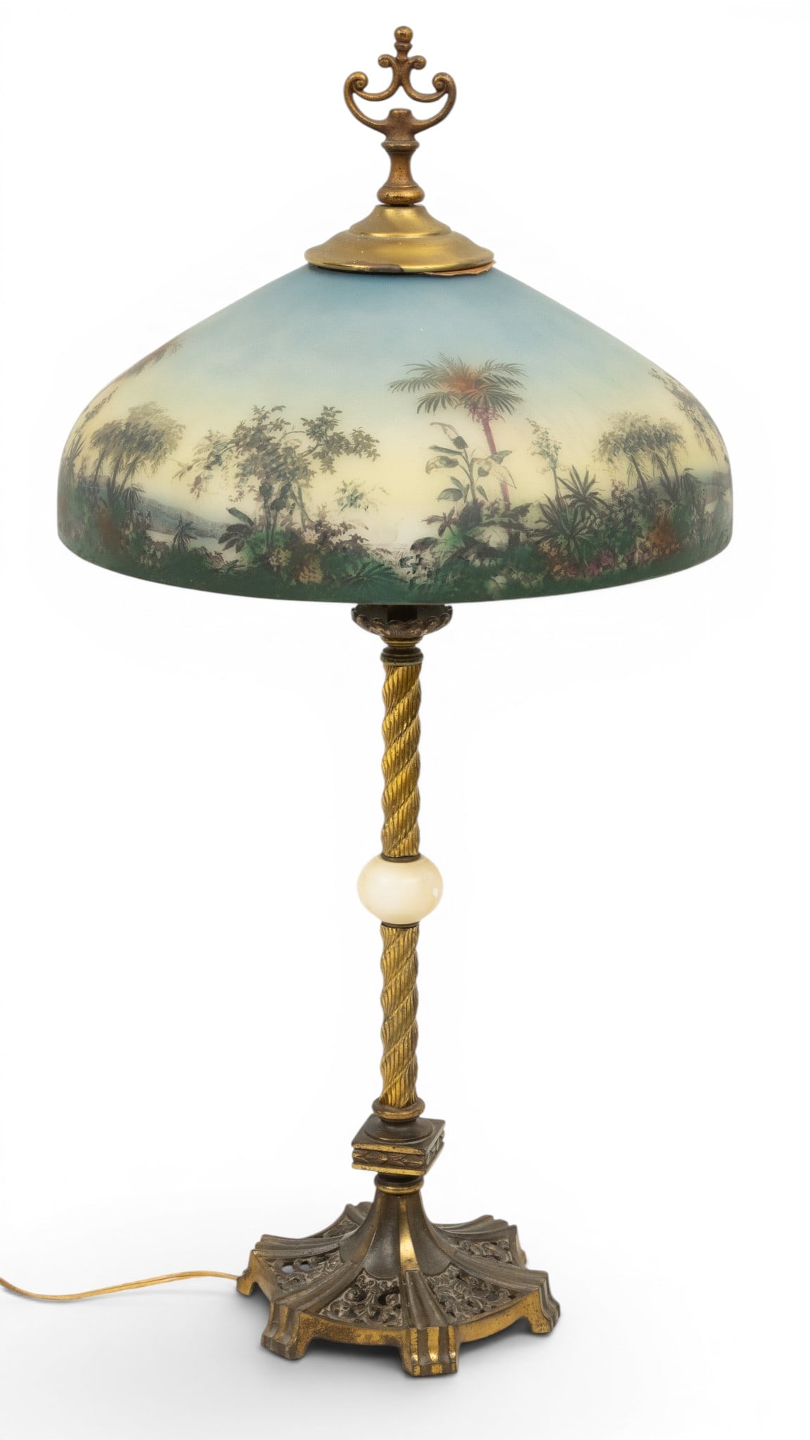 Reverse Painted Glass Table Lamp 1920's, H 28" Dia. 13.75" (1 of 5)