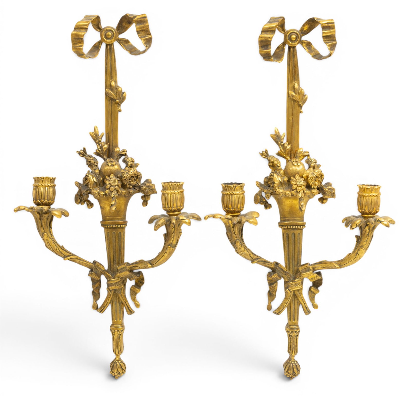 French Louis XVI Style Gilded Bronze Wall Sconces 19th C., H 21" W 11" Depth 5" 1 PAIR (1 of 2)