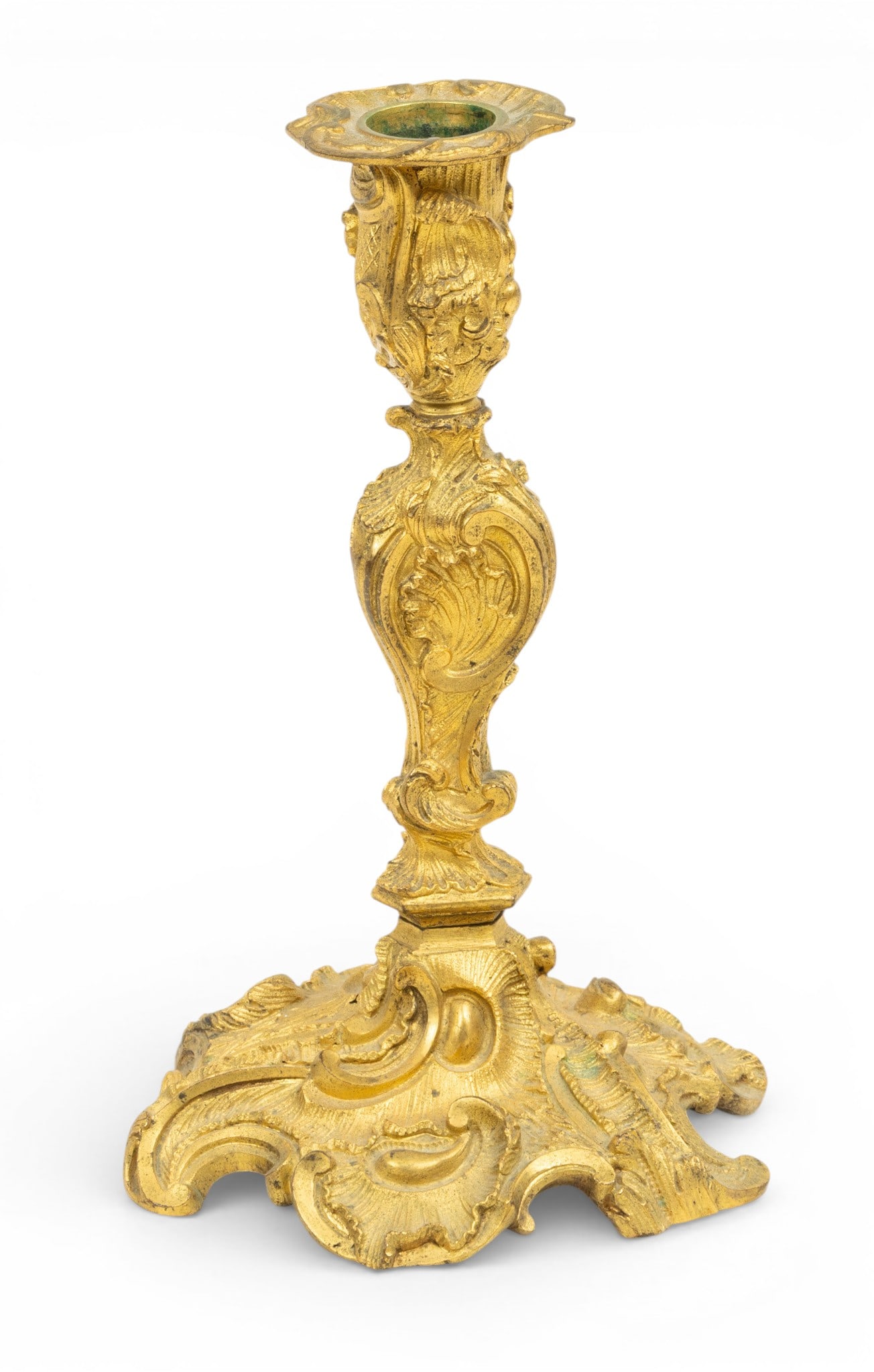 French Baroque Style Single Gilt Bronze Candlestick 1900, H 8.5" (1 of 5)