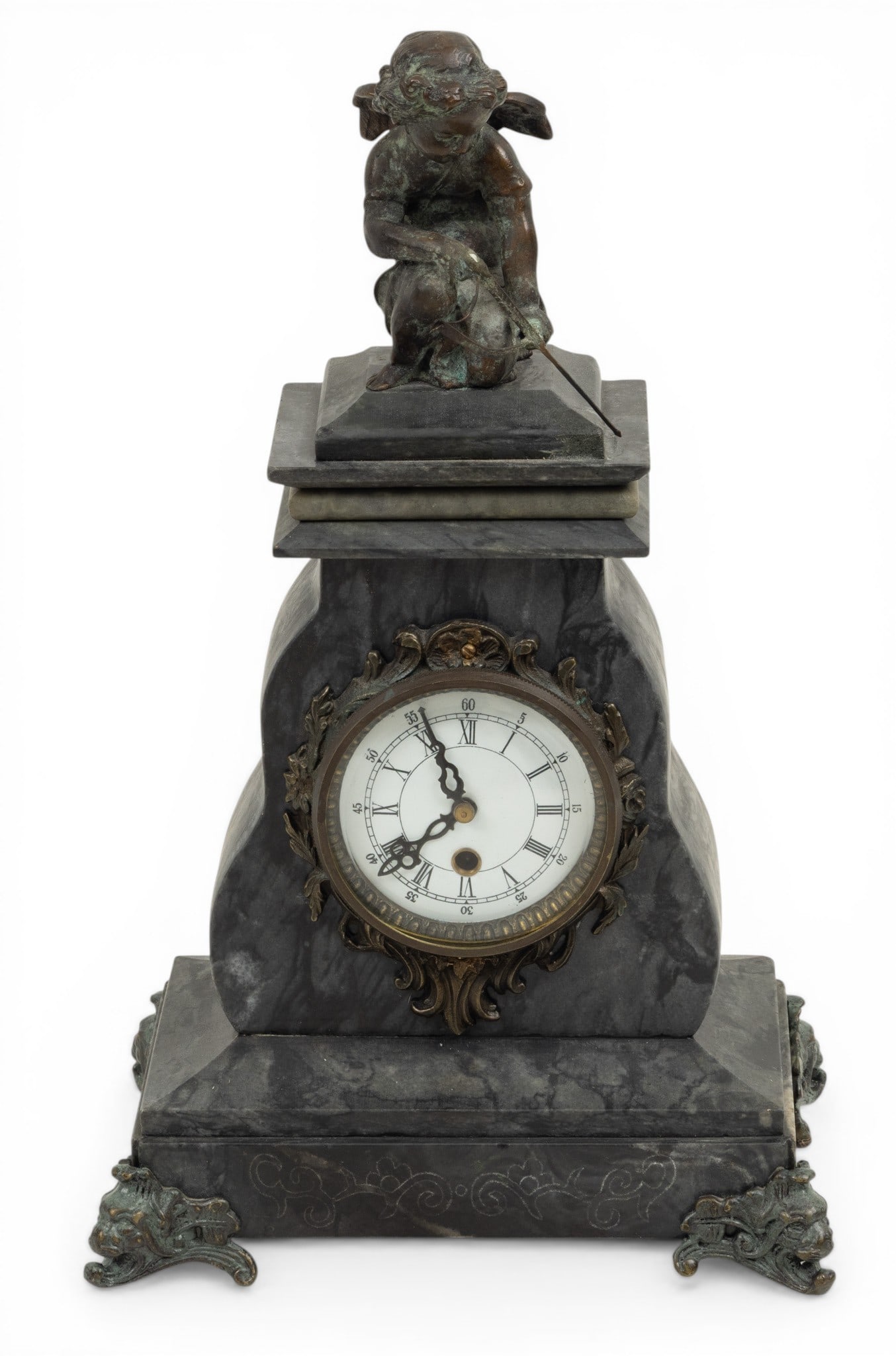 Maitland Smith (English) Marble and Bronze Mantle Clock H 16.5" W 9.5" Depth 6.5" (1 of 7)