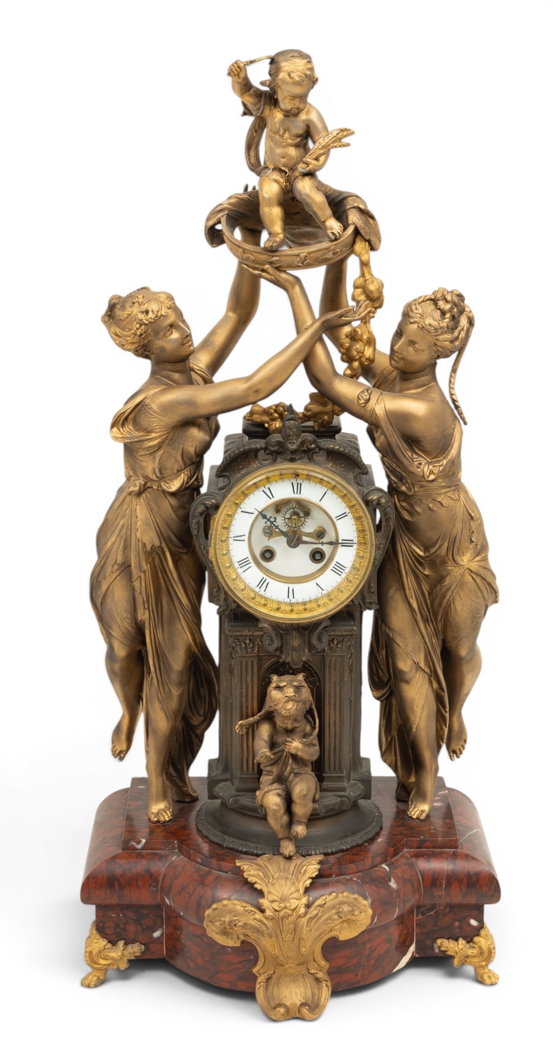 French Marble and Patinated Spelter Mantle Clock, Ca. 1860-70, H 29" L 14.5" Depth 9" (1 of 8)