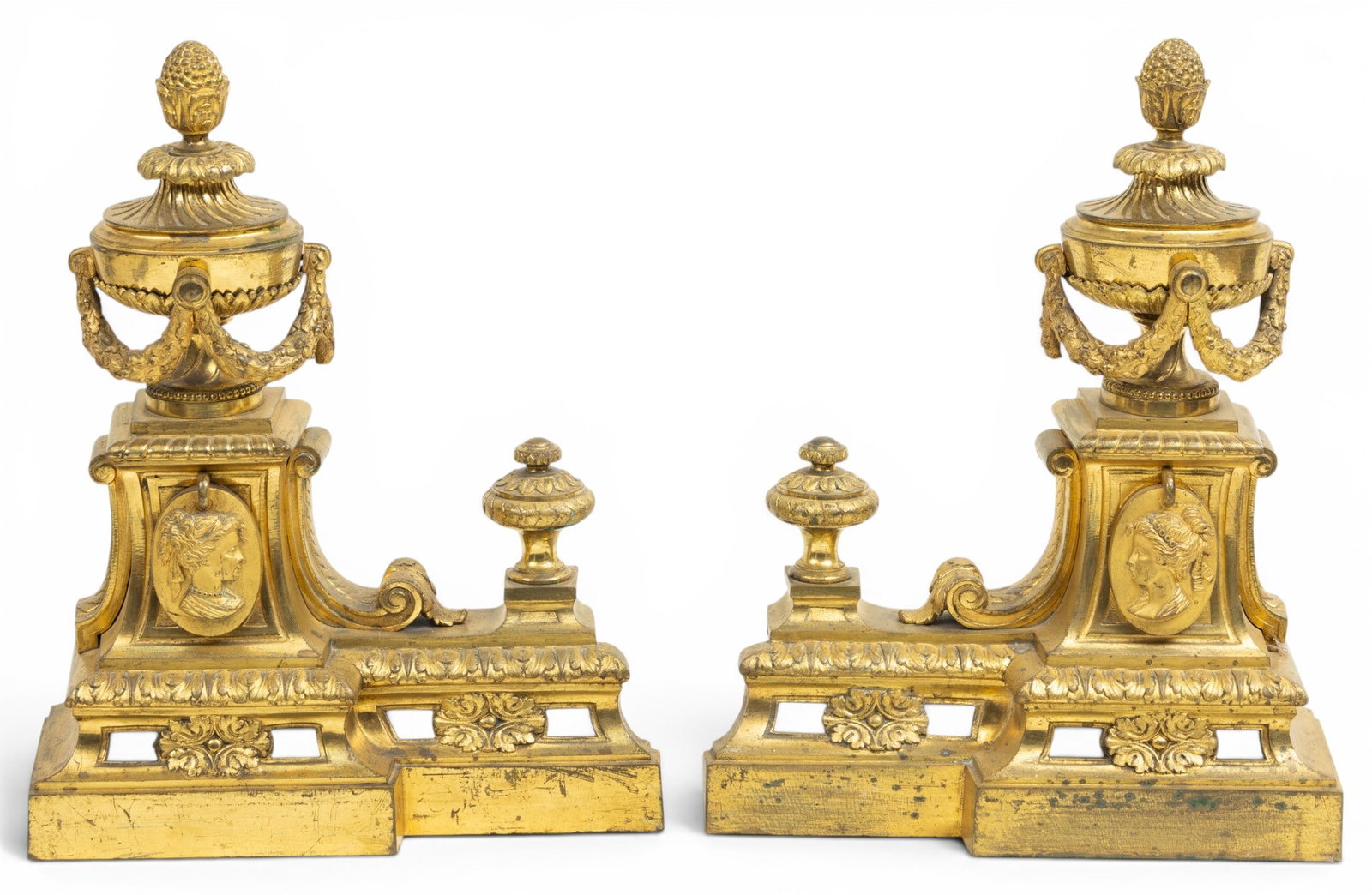 French Louis XVI Style Gilded Bronze Chenets 19th. C, H 18" W 14" 1 PAIR (1 of 5)