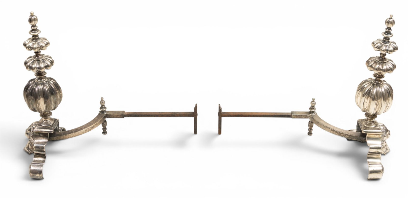 English Mansion Size Silvered Patinated Brass Andirons 1900, H 28" W 13" 1 PAIR (1 of 4)