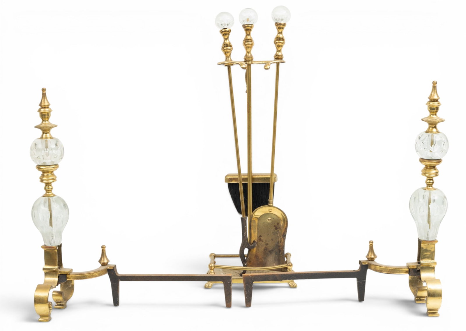 St. Clair Glass Works (American, Est. 1941) Mid-Century Modern Art Glass and Brass Andirons and (1 of 6)