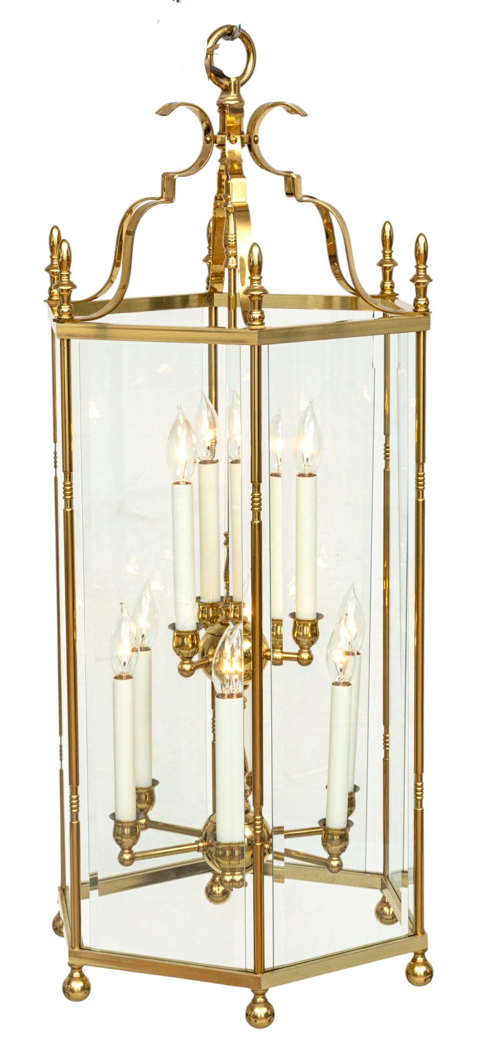 American Colonial Style Brass and Beveled Glass Hexagonal 9 Light Chandelier 1970-1980, H 39" Dia. (1 of 4)