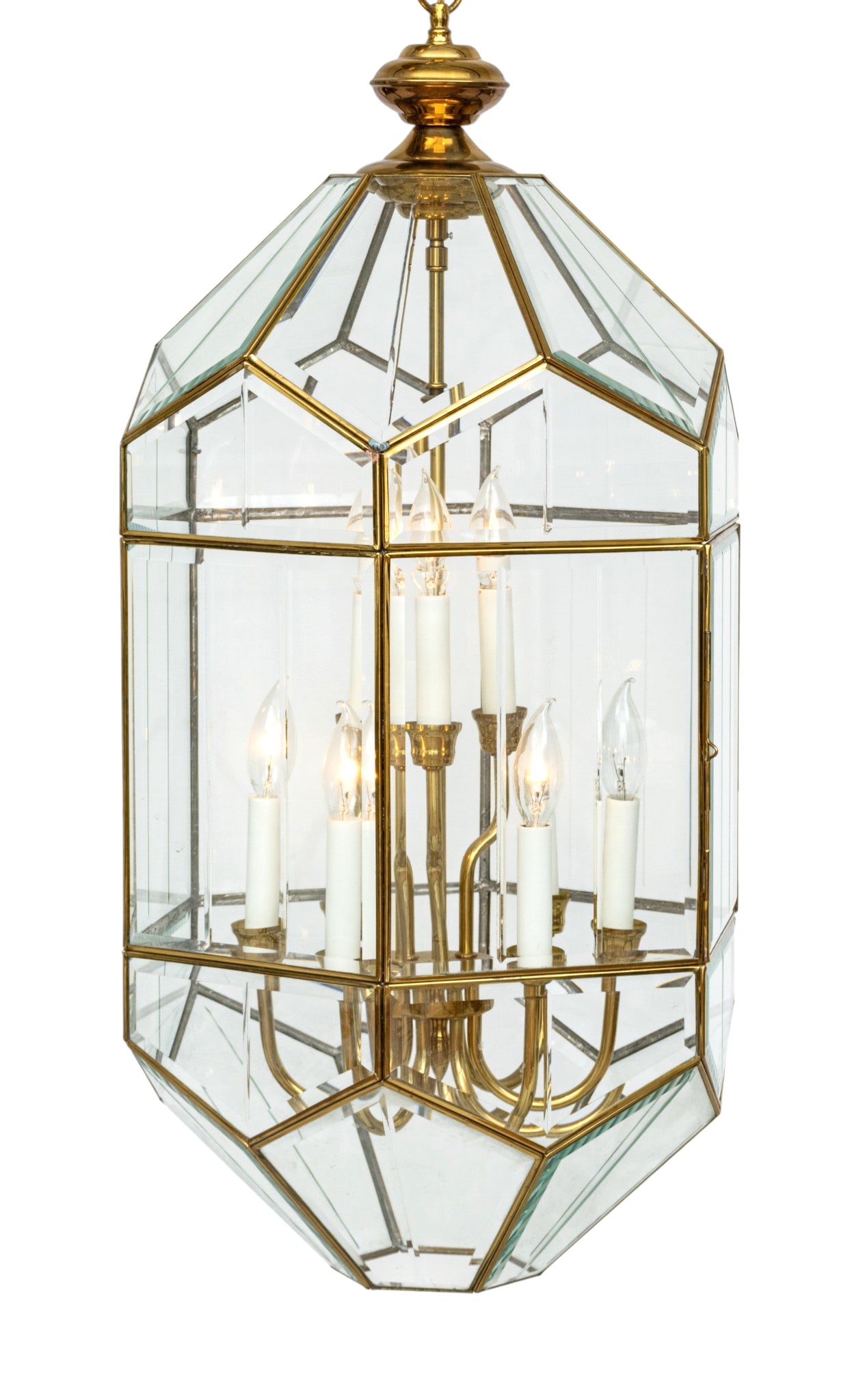 Mid-Century Modern Brass and Beveled Glass 9 Light Chandelier 1970, 'Lantern Design', H 32" Dia. 17": Mid-Century Modern Brass and Beveled Glass 9 Light Chandelier 1970, 'Lantern Design', H 32" Dia. 17" Six center panels with beveled edges and vertically incised decorative cuts. Upper portion having a