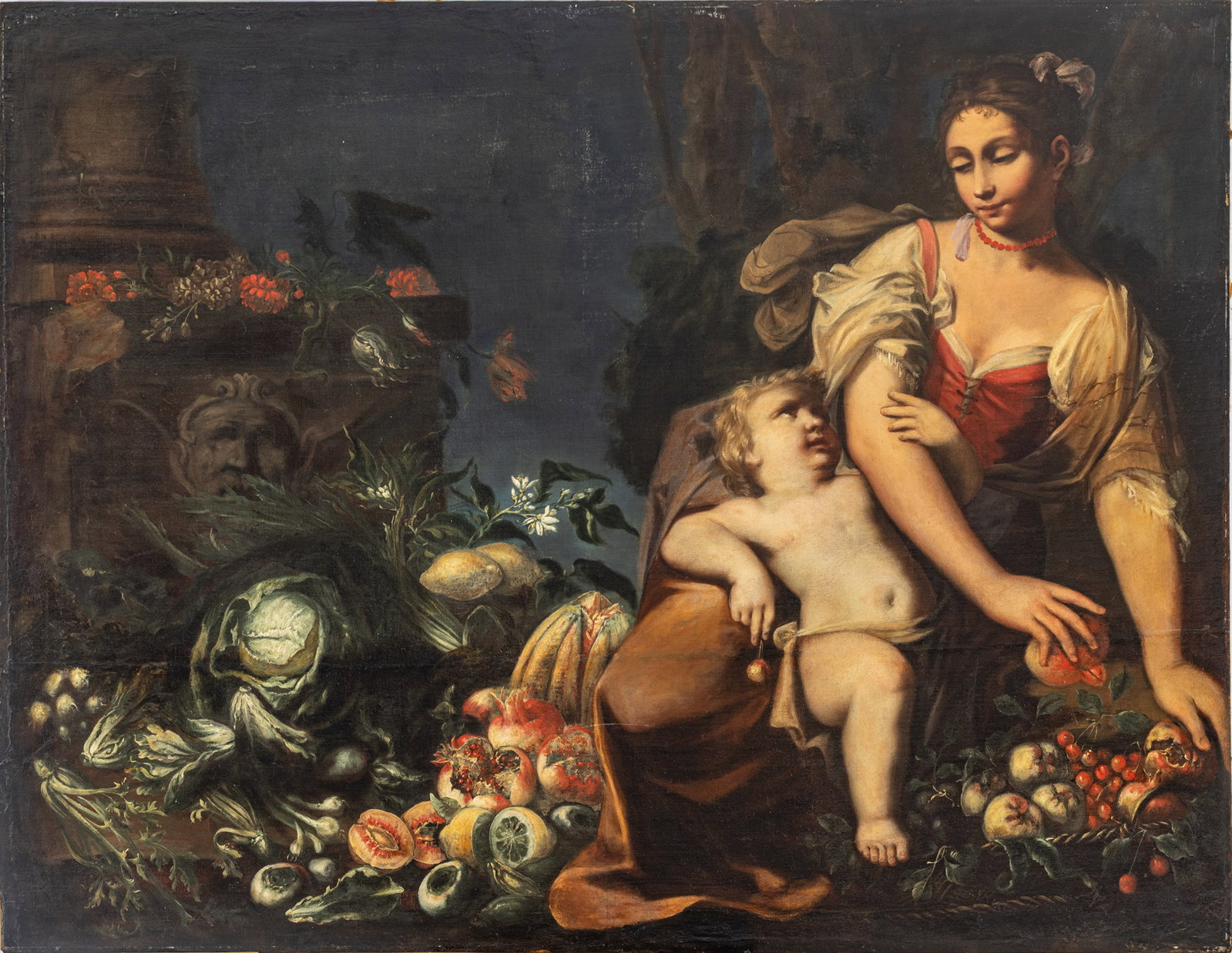 Italian Baroque Oil on Canvas, Ca. 18th C., H 45" W 58.5": Italian Baroque Oil on Canvas, Ca. 18th C., H 45" W 58.5" Depicting reclining classically draped youthful female figure with draped cherub in lap, sitting amidst flowers, fruit, and vegetables. 