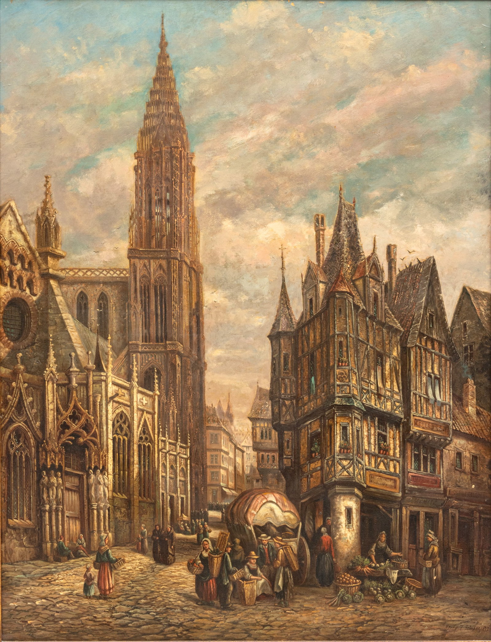 Henry Thomas Schafer (British, 1854-1915) Oil on Canvas, Ca. 1877, 'Strasbourg Cathedral', H 43" W (1 of 12)