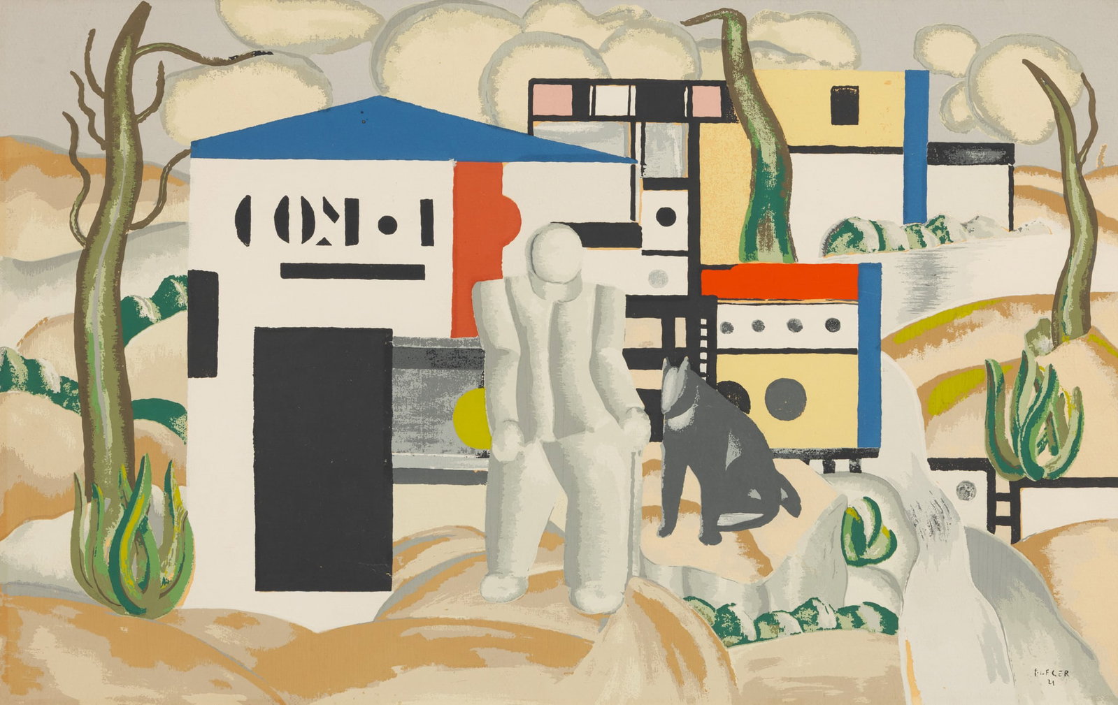 Fernand Léger (French, 1881-1955) Pochoir in Colors 1921, 'Untitled (Man with a Dog)', H 15" W (1 of 5)