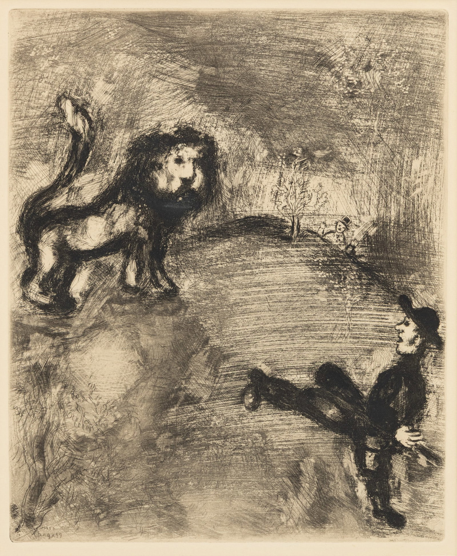 Marc Chagall (French/Russian, 1887-1985) Black and White Engraving on Paper 'Le Lions Fontaine (1 of 5)