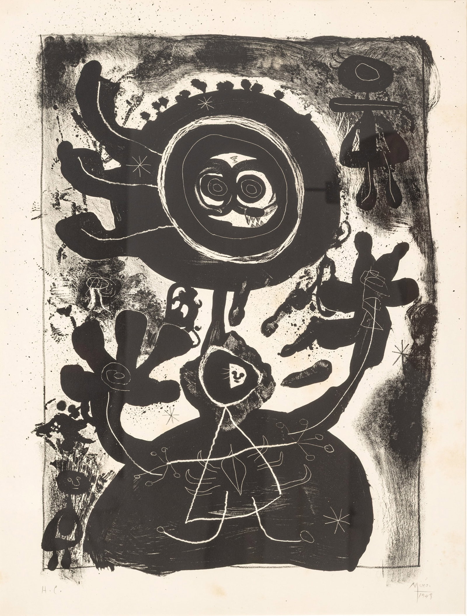 Joan Miro (Spanish, 1893-1893) Lithograph on Rives BFK Paper 1948, 'Grand Personnage Noir', H 25.4" (1 of 7)
