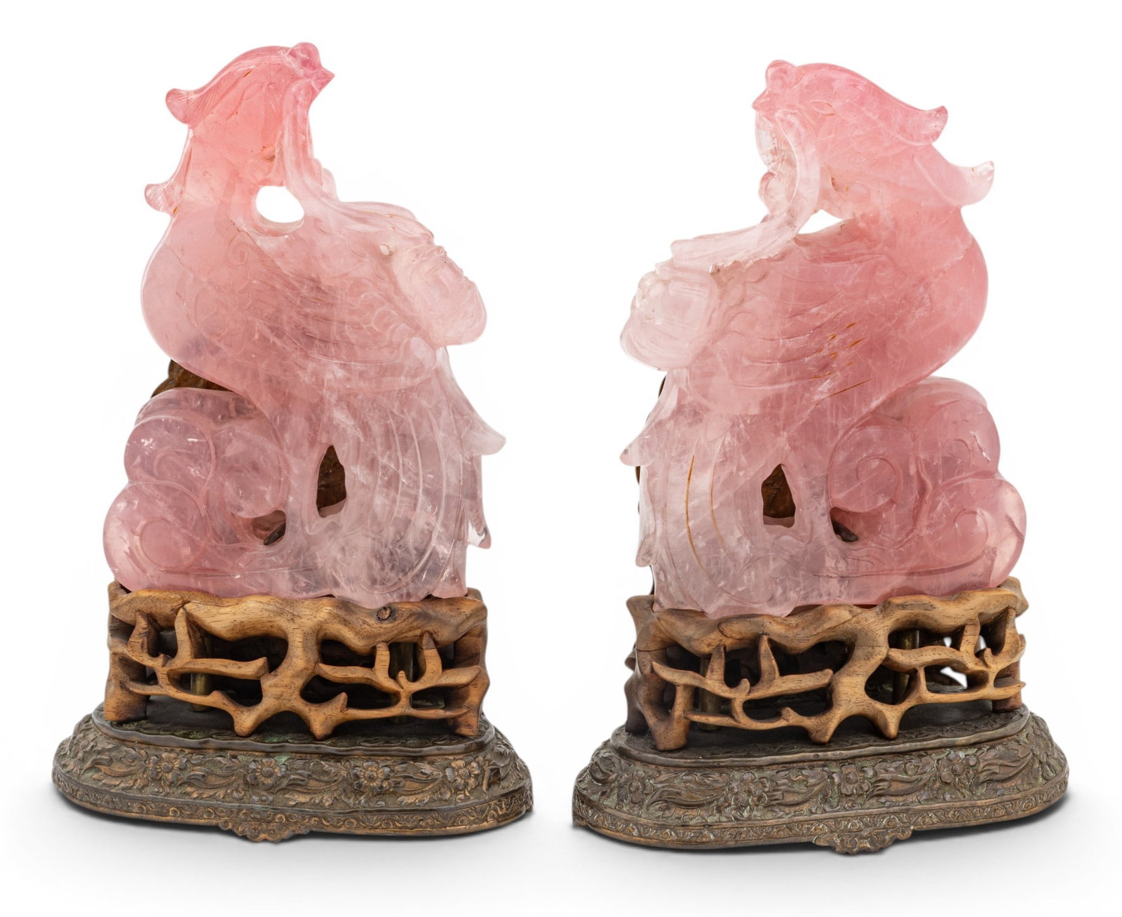 Chinese Hand Carved Rose Quartz Phoenix Birds on Farmer Mounts Circa 1900, H 7.5" W 5.5" 1 PAIR (1 of 8)