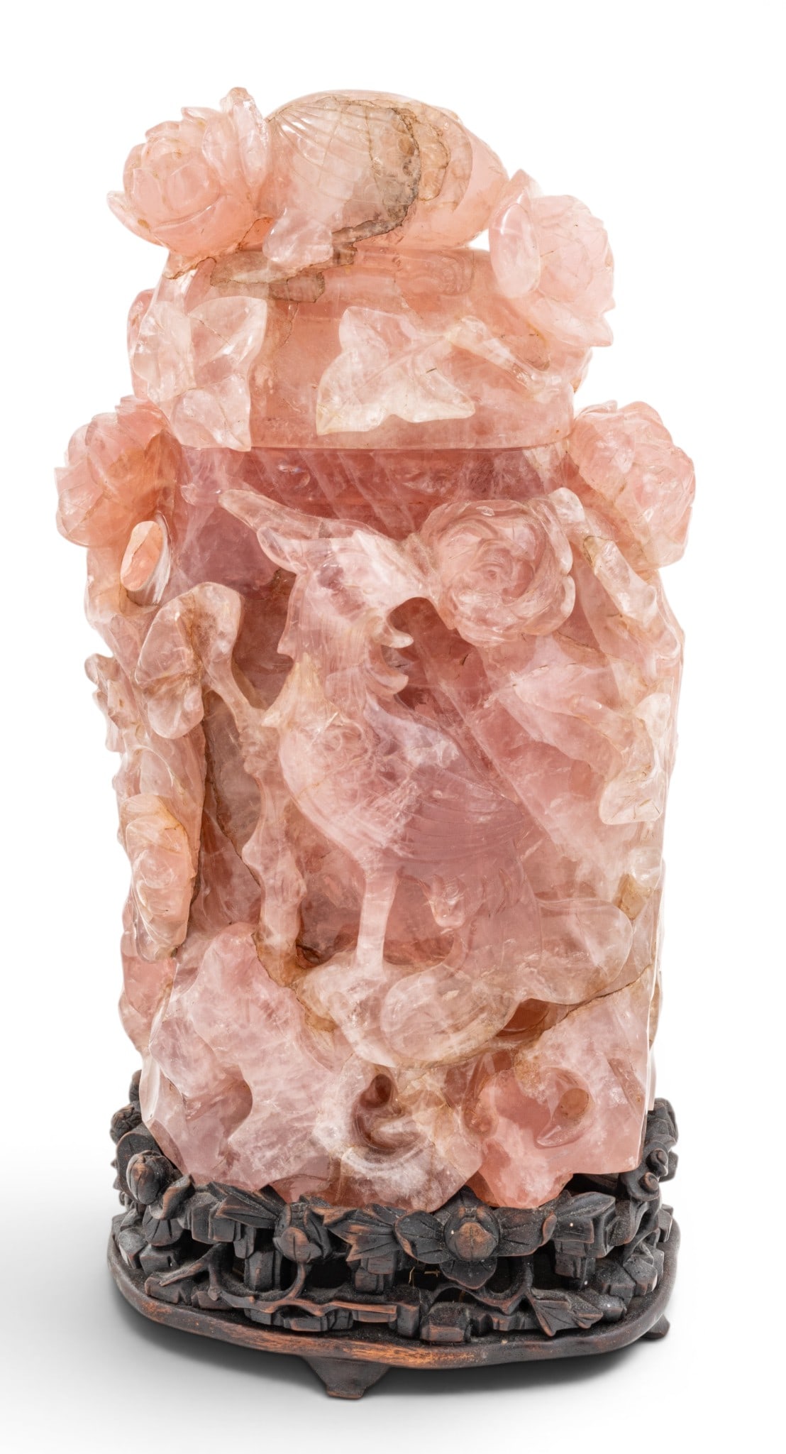 Chinese Carved Rose Quartz Covered Urn Mounted As a Lamp, H 13" W 7.5" (1 of 12)