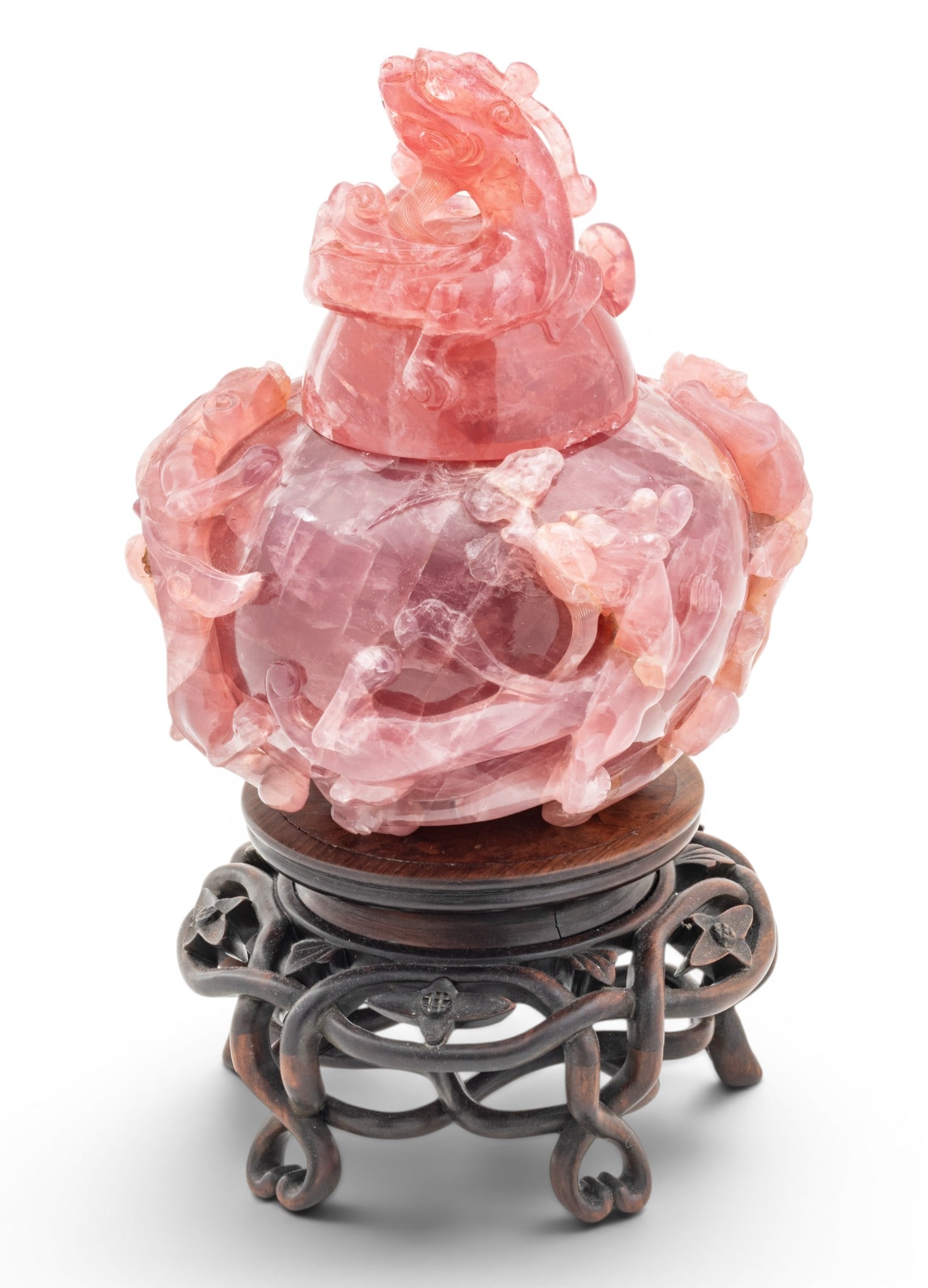 Chinese Rose Quartz Incense Burner 1900, H 8" W 8" (1 of 10)