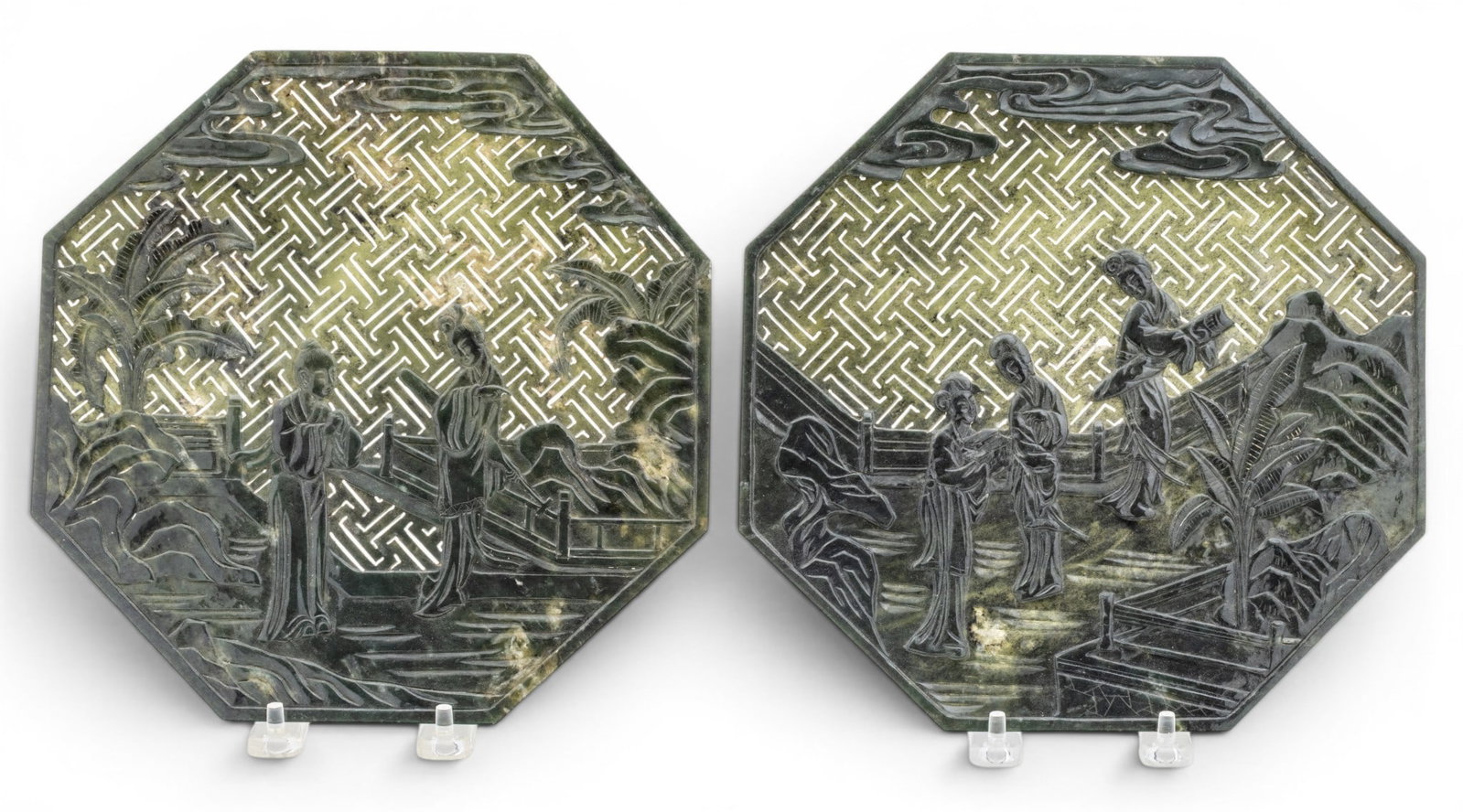 Chinese Octagonal Carved Jadeite Plaques, Green 1900, H 9" W 9" 1 PAIR (1 of 12)