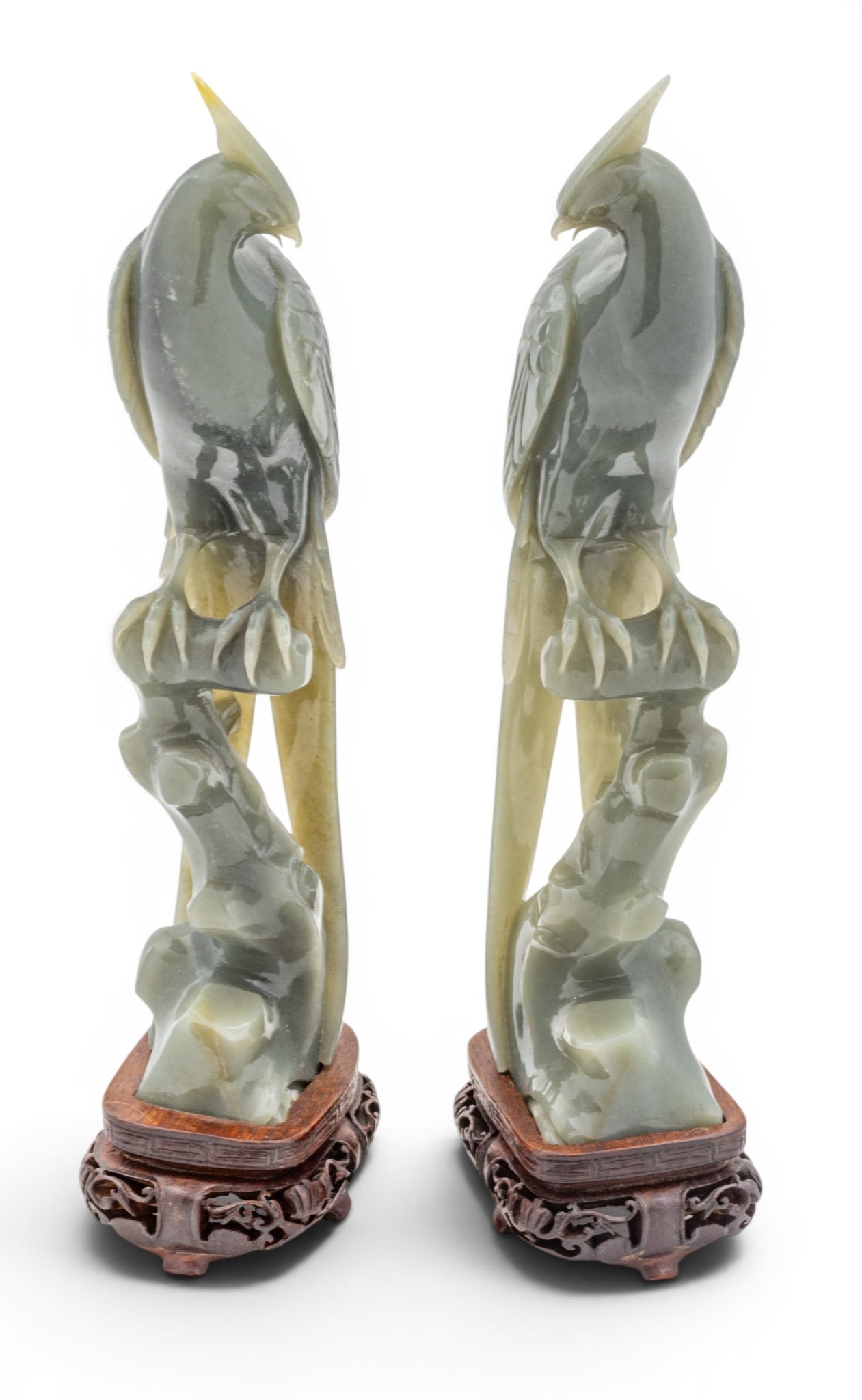 Chinese Celadon Jadeite Phoenix Birds on Stumps 19th C., H 10" W 2.25" Depth 3" 1 PAIR (1 of 7)