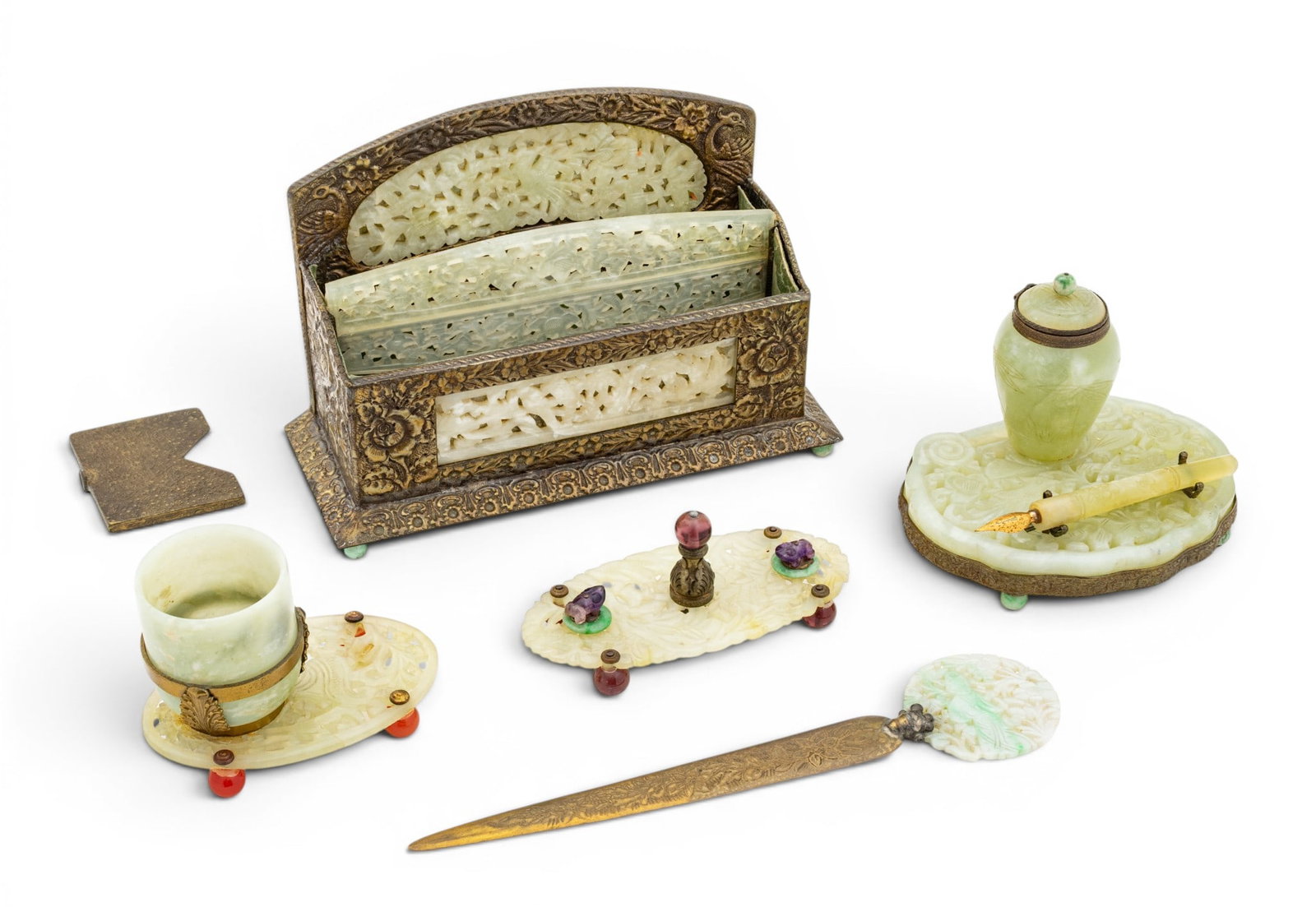 Chinese Export Art Deco Jade Desk Set 1910-1930, 6 PCS: Chinese Export Art Deco Jade Desk Set 1910-1930, 6 PCS Includes letter holder L 7½", H 5½"; inkwell on plateau base L 5", H 4", with pen holder, raised on jade feet; blotter frame L 4", with