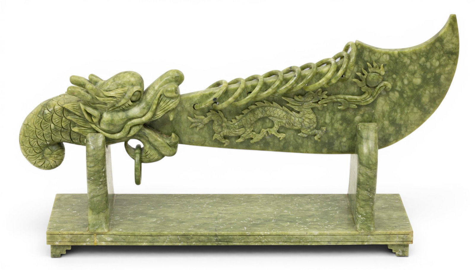 Chinese Hand Carved Serpentine Jade Jiu Huan Dao, 9-Ringed Broadsword 20th C, H 8" W 4" L 23" (1 of 6)